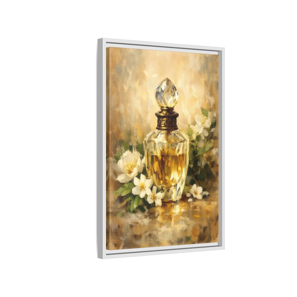 Side Mockup 1. Floral Perfume Bottle Gold Floral shown as stretched canvas wall art