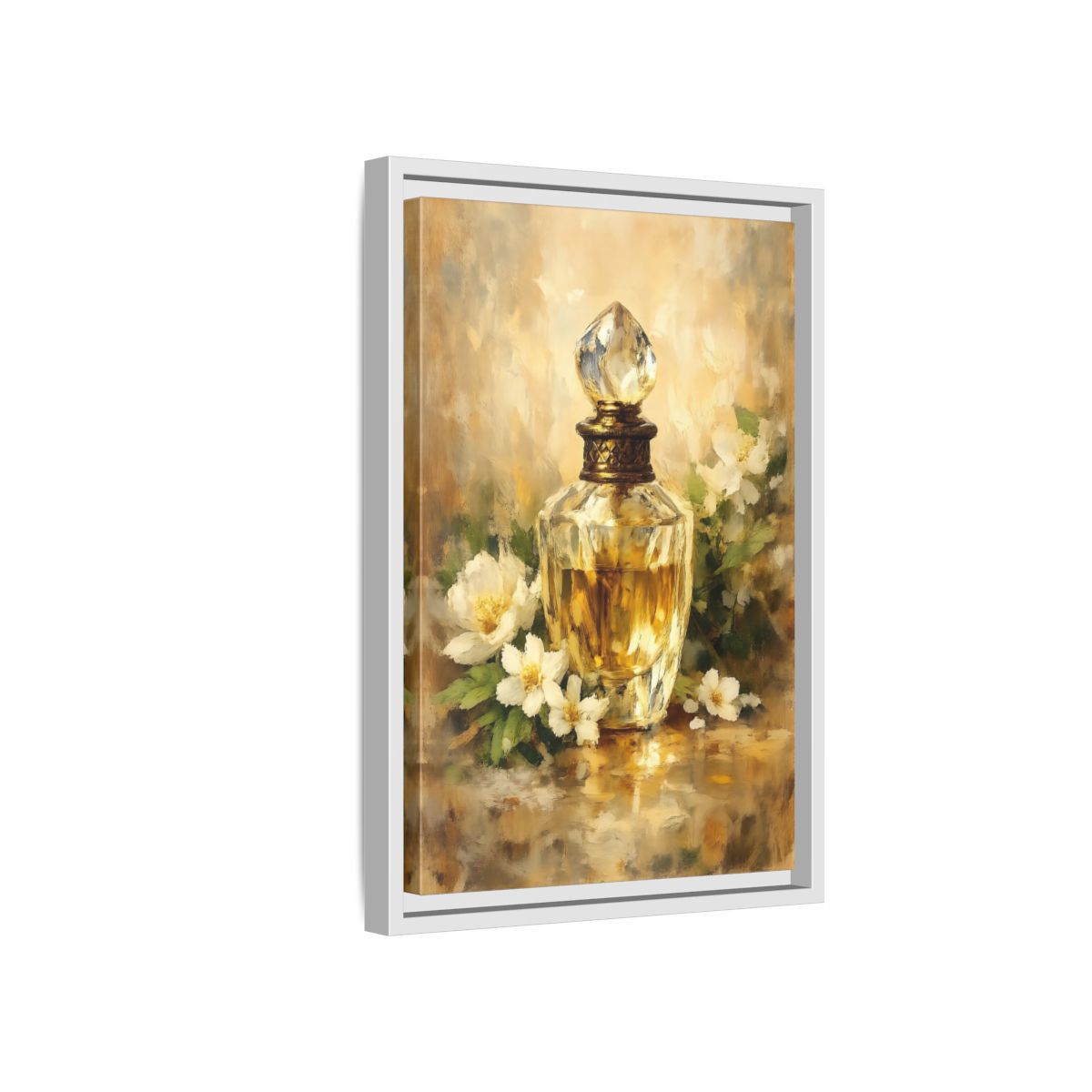 Side Mockup 4. Floral Perfume Bottle Gold Floral shown as stretched canvas wall art