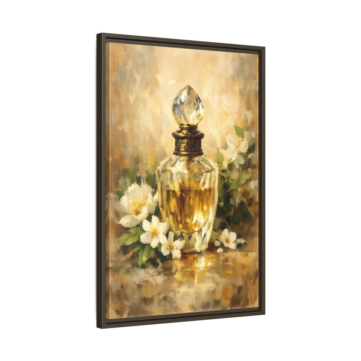 Side Mockup 12. Floral Perfume Bottle Gold Floral shown as stretched canvas wall art