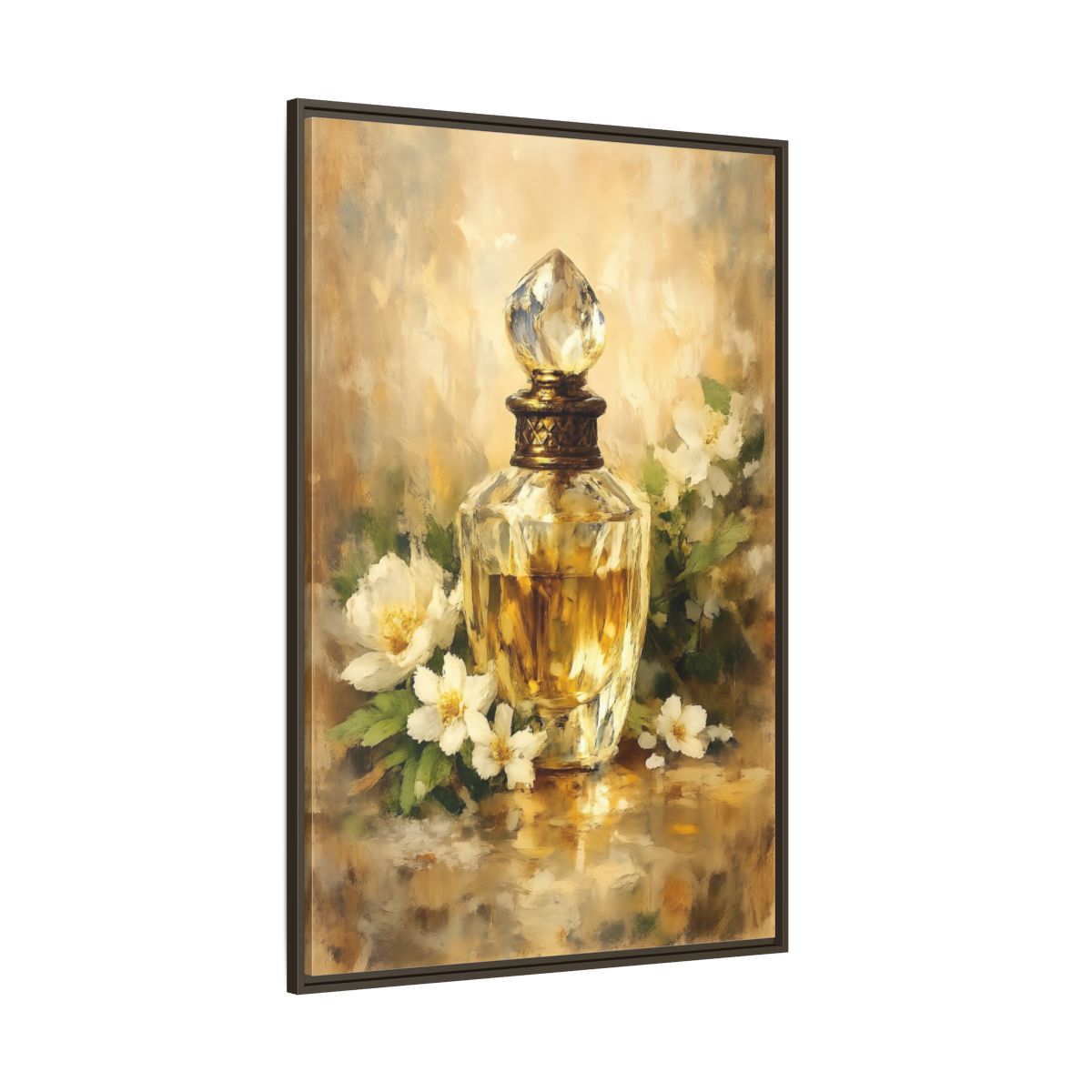Side Mockup 8. Floral Perfume Bottle Gold Floral shown as stretched canvas wall art