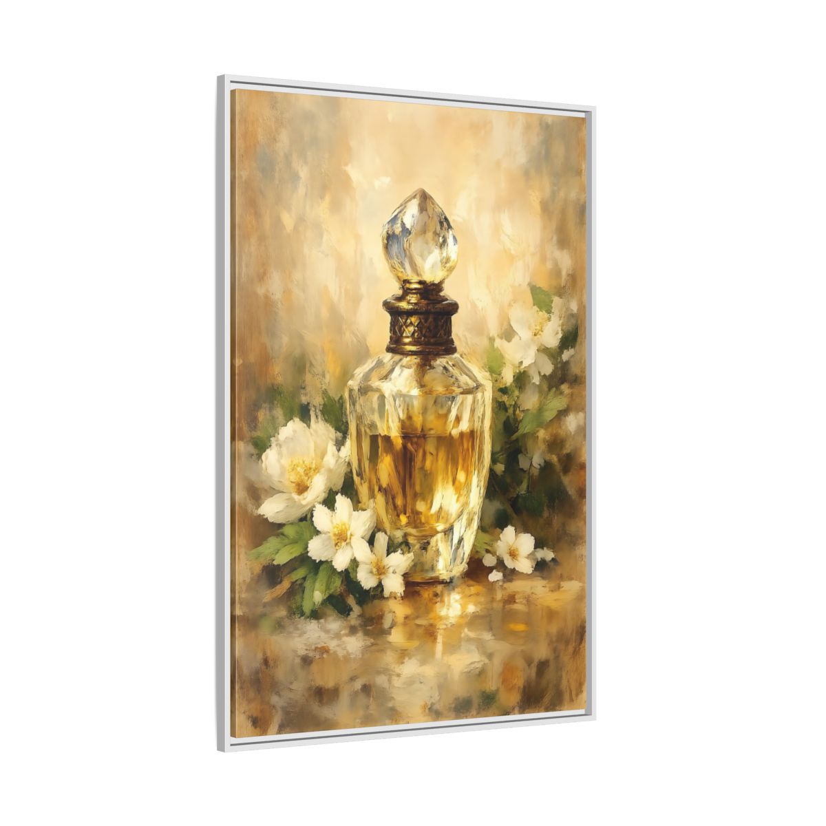 Side Mockup 7. Floral Perfume Bottle Gold Floral shown as stretched canvas wall art