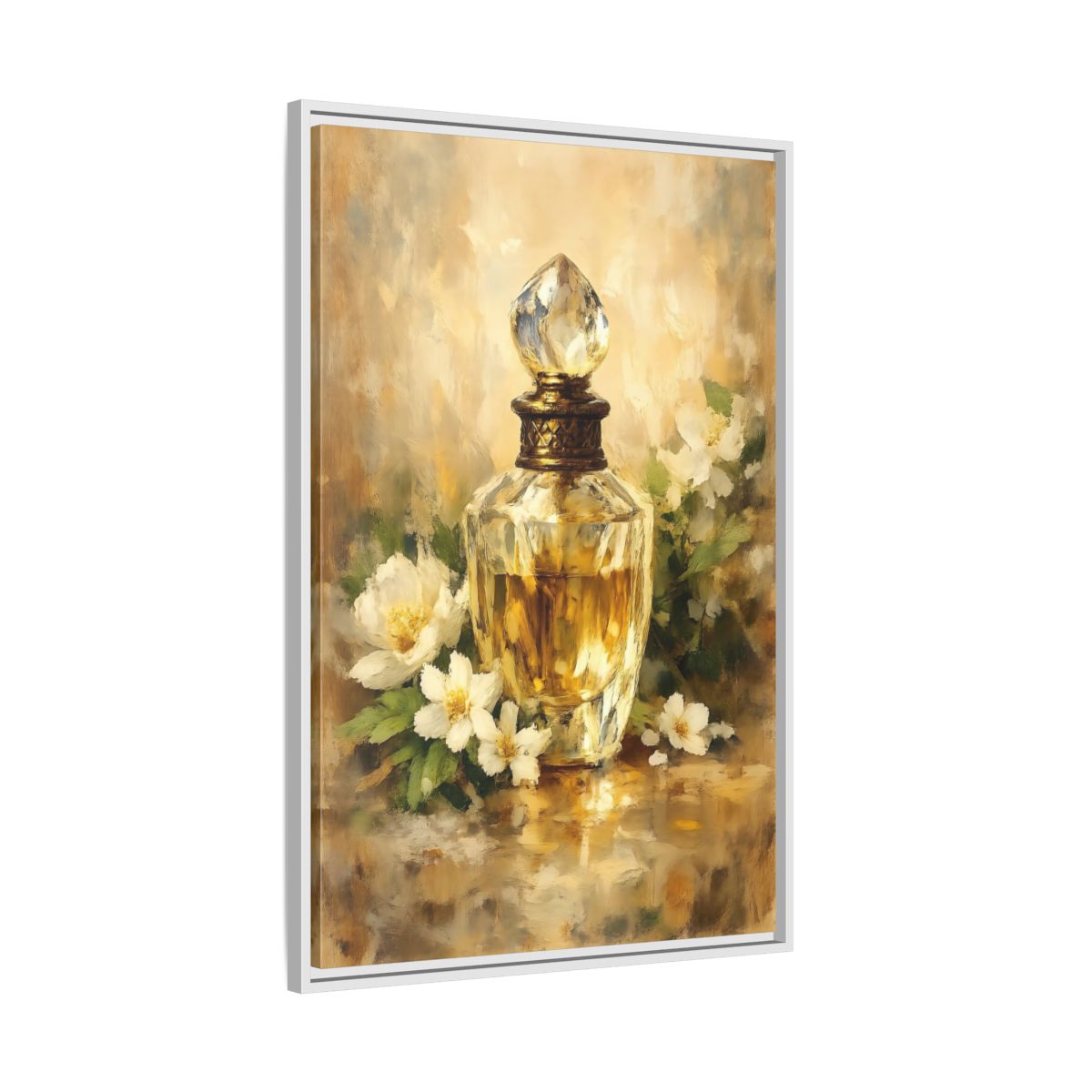 Side Mockup 9. Floral Perfume Bottle Gold Floral shown as stretched canvas wall art