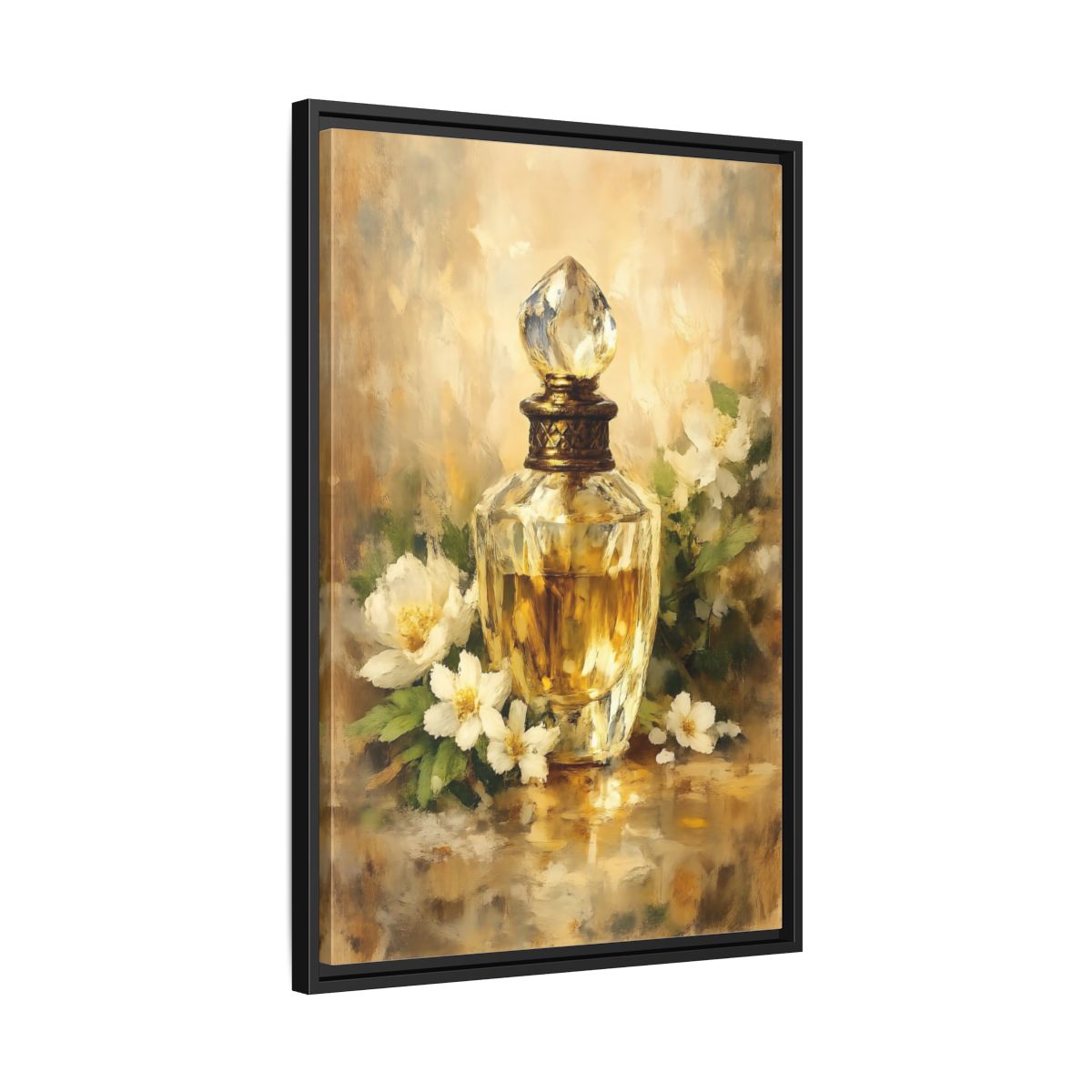 Side Mockup 14. Floral Perfume Bottle Gold Floral shown as stretched canvas wall art