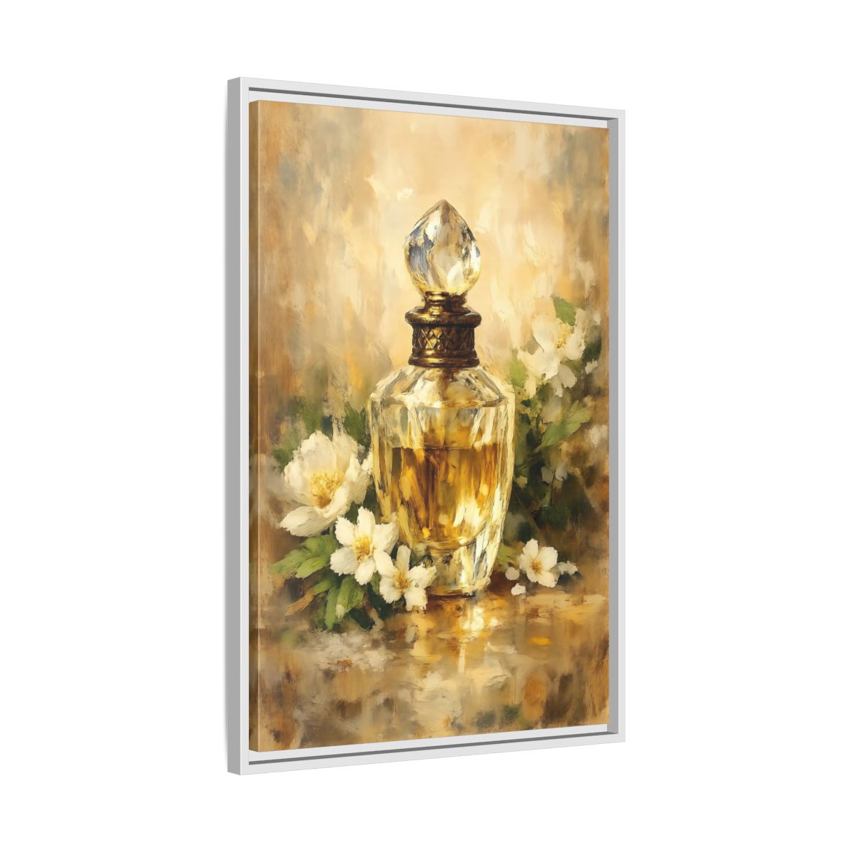 Side Mockup 11. Floral Perfume Bottle Gold Floral shown as stretched canvas wall art