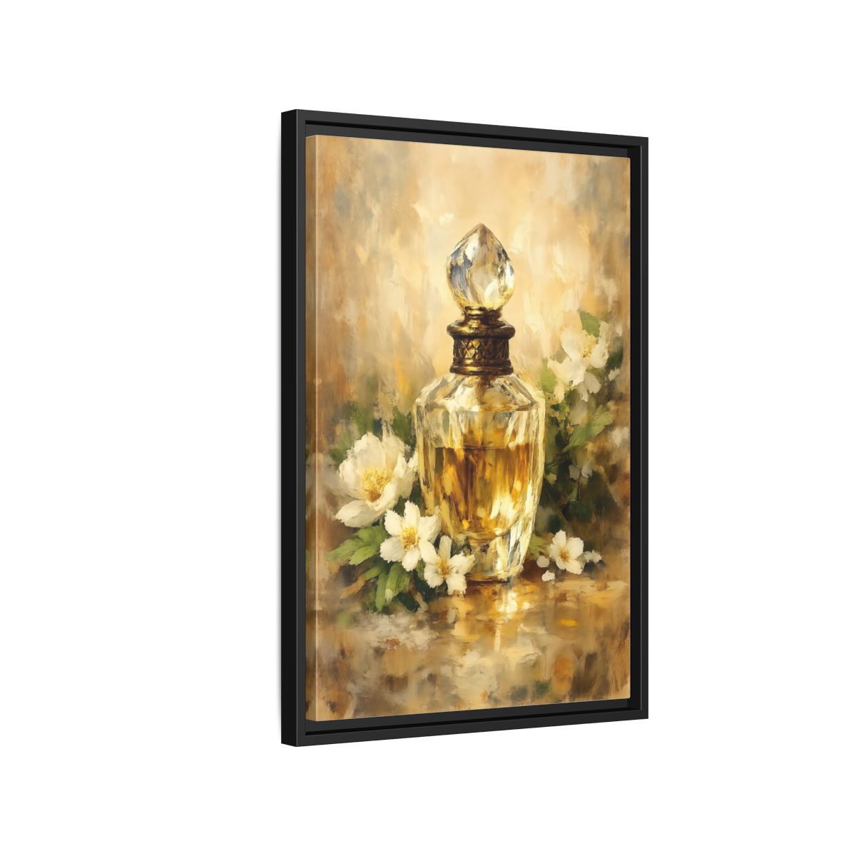 Side Mockup 3. Floral Perfume Bottle Gold Floral shown as stretched canvas wall art