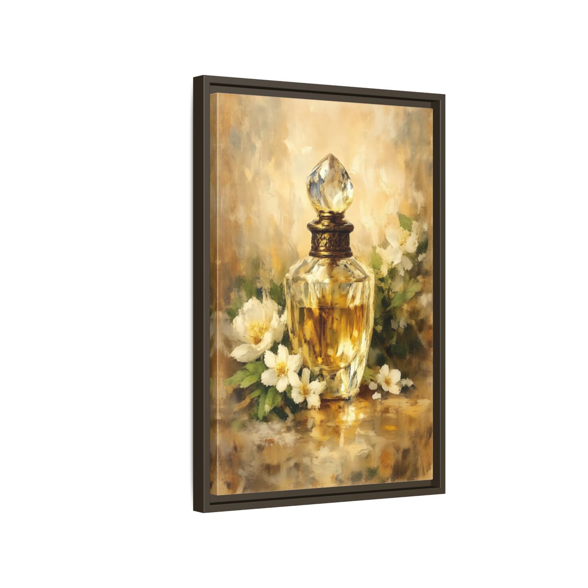 Side Mockup 2. Floral Perfume Bottle Gold Floral shown as stretched canvas wall art