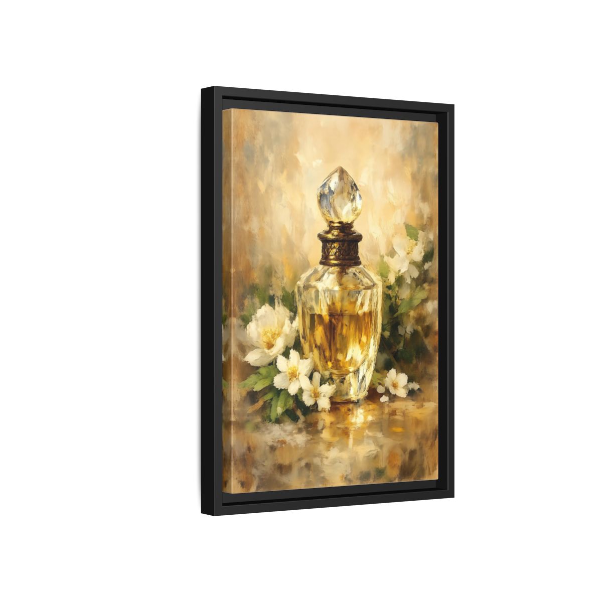 Side Mockup 6. Floral Perfume Bottle Gold Floral shown as stretched canvas wall art