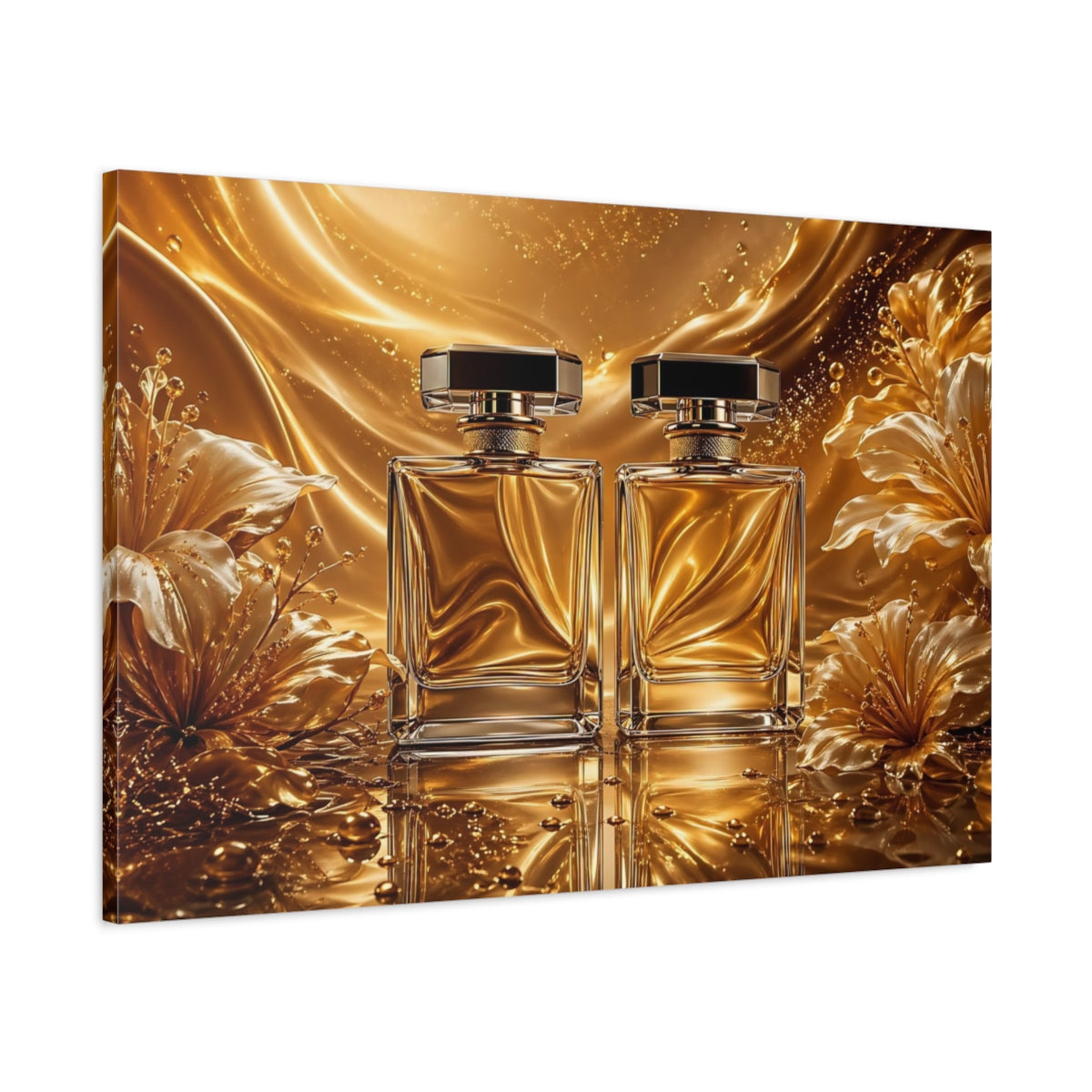 Main Mockup. Floral Perfume Bottles Gold And White shown as stretched canvas wall art
