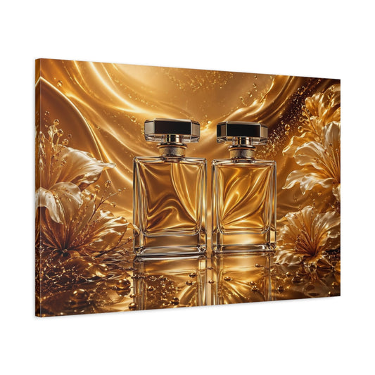 Main Mockup. Floral Perfume Bottles Gold And White shown as stretched canvas wall art