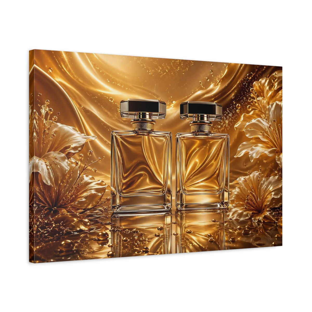 Side Mockup 2. Floral Perfume Bottles Gold And White shown as stretched canvas wall art