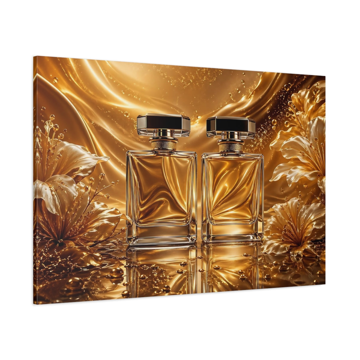 Side Mockup 1. Floral Perfume Bottles Gold And White shown as stretched canvas wall art