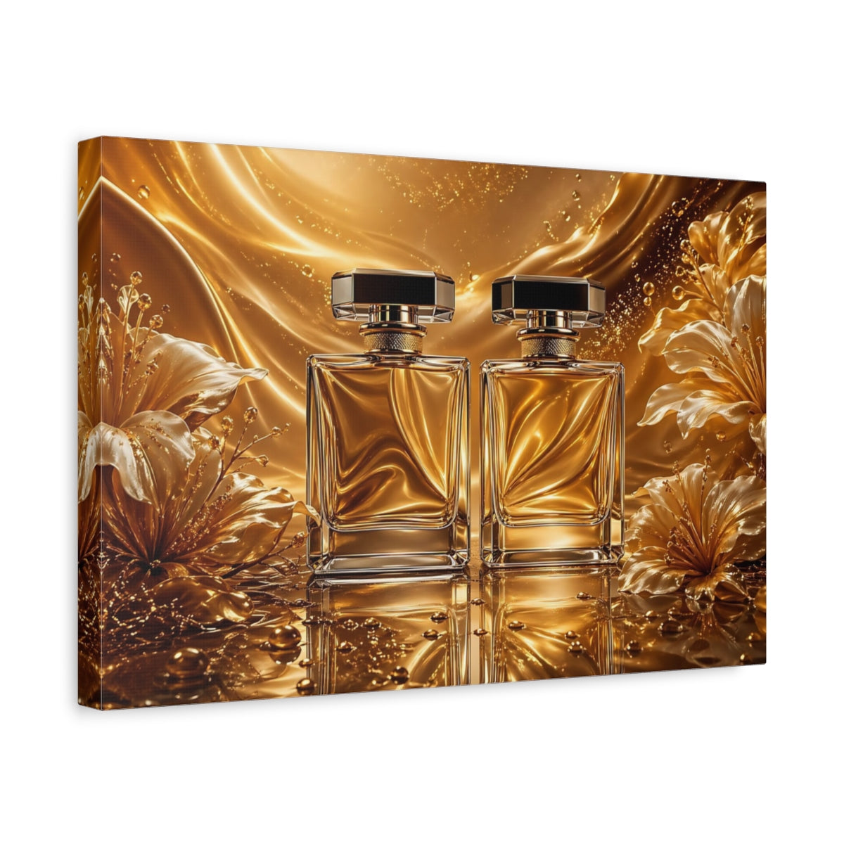 Side Mockup 4. Floral Perfume Bottles Gold And White shown as stretched canvas wall art