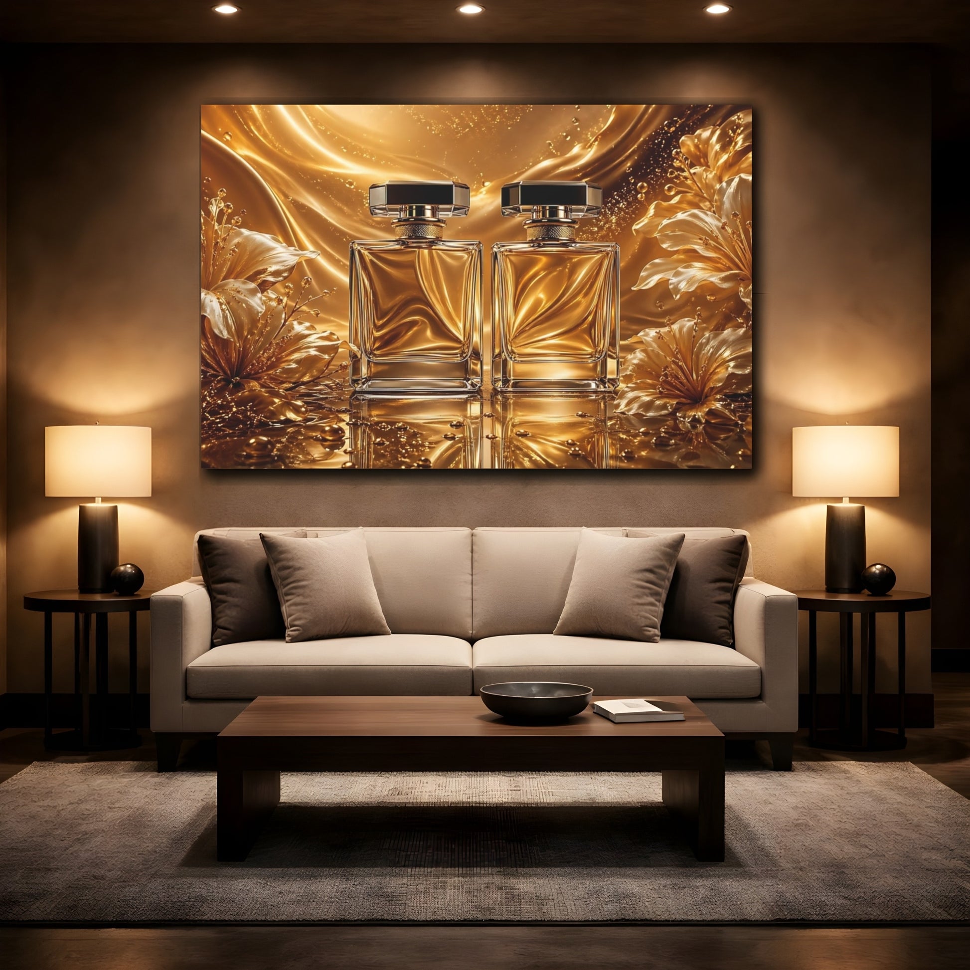 Mockup 2. Floral Perfume Bottles Gold And White shown as stretched canvas wall art