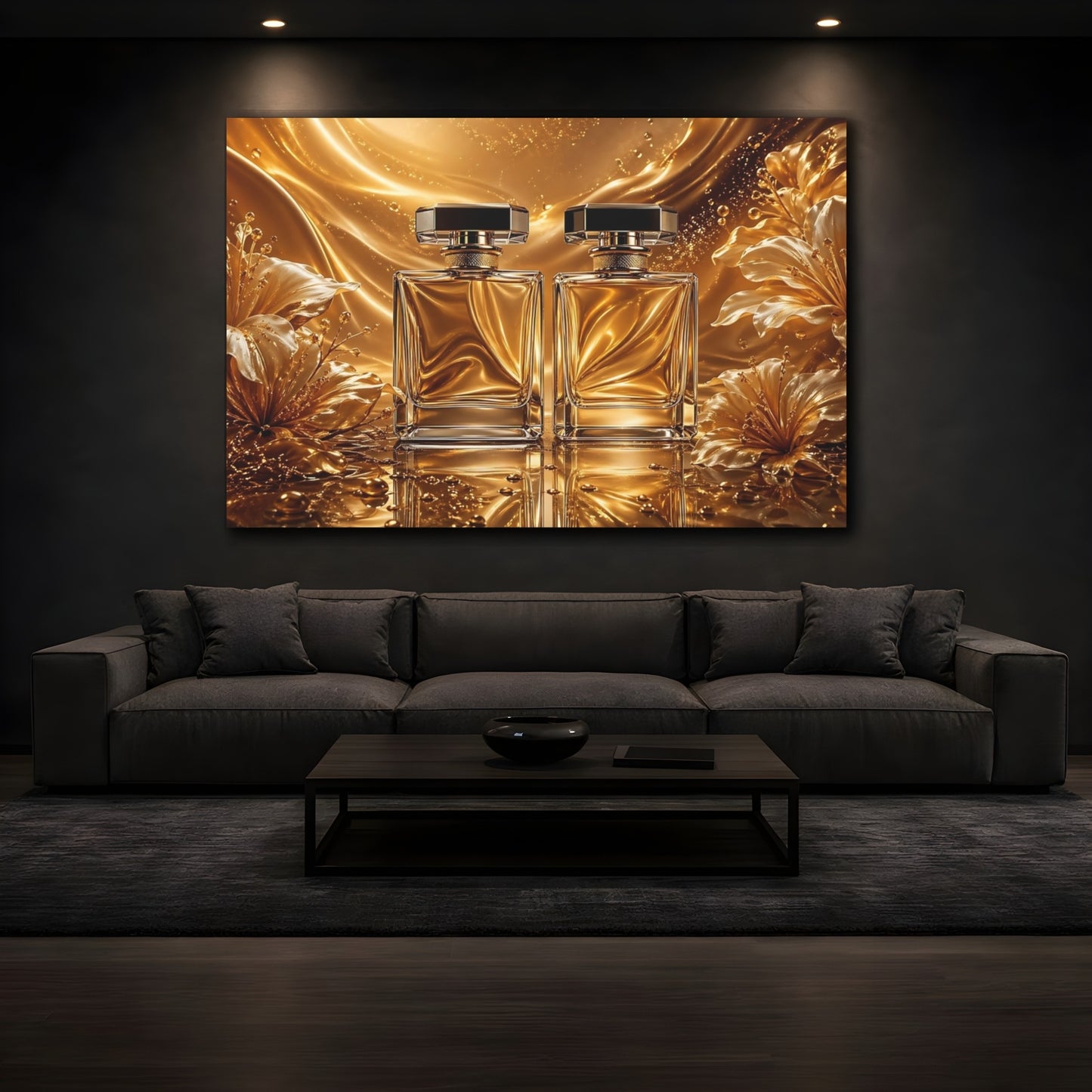 Mockup 3. Floral Perfume Bottles Gold And White shown as stretched canvas wall art