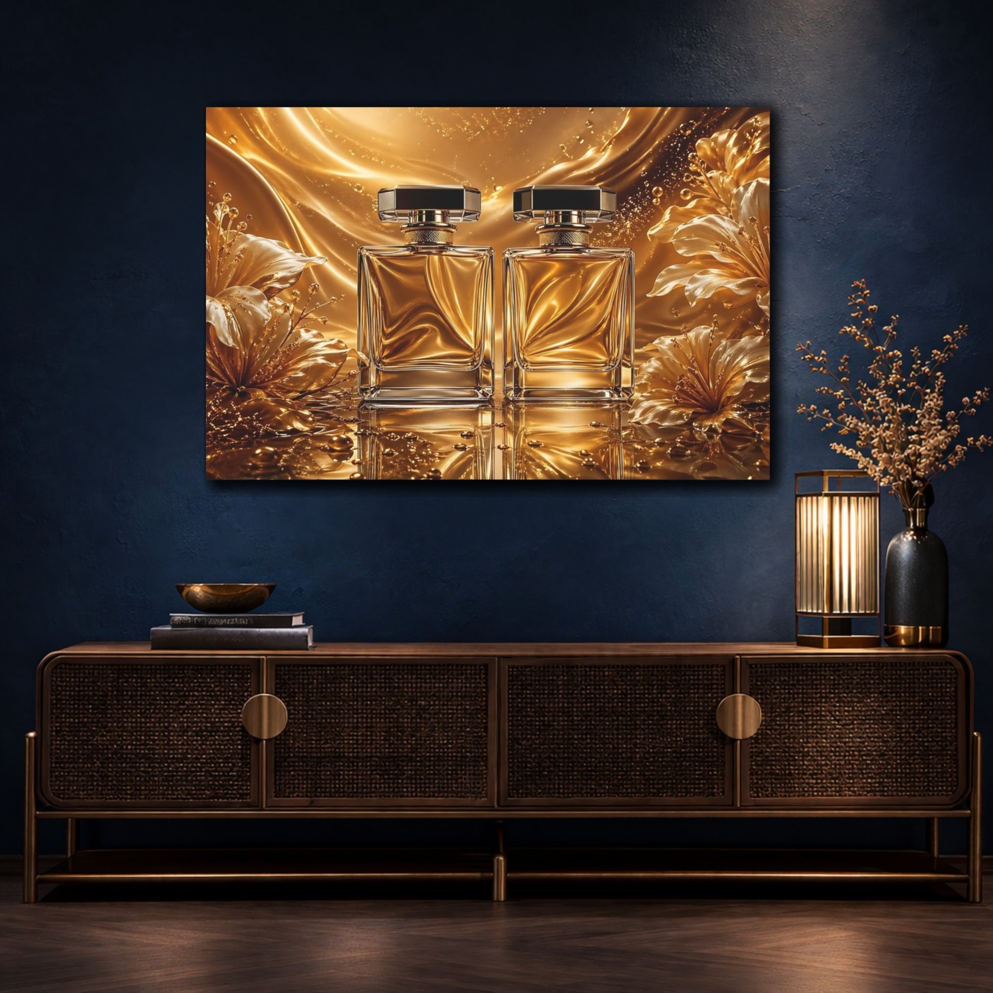 Mockup 4. Floral Perfume Bottles Gold And White shown as stretched canvas wall art