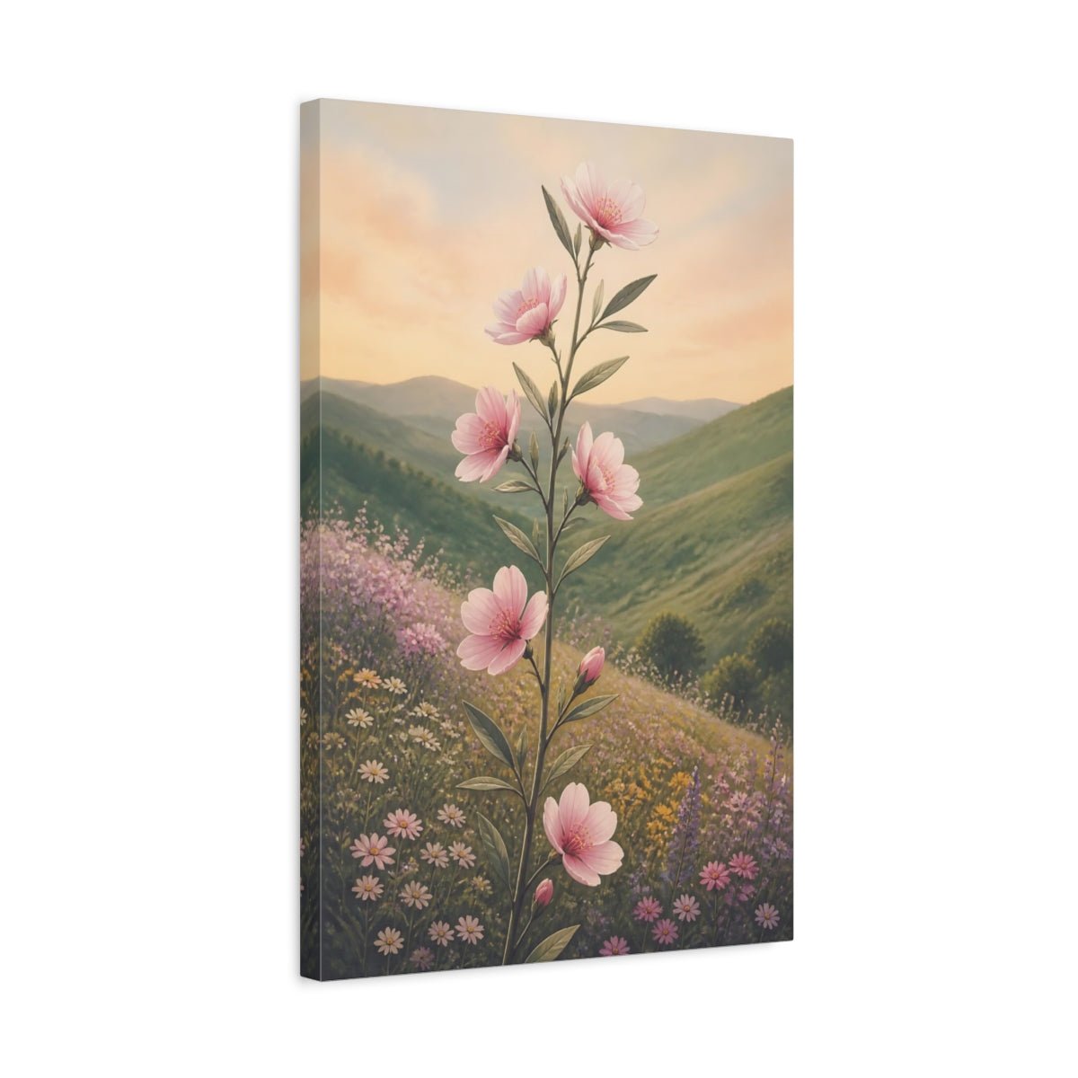 Floral Pink Blossoms Green Landscape Canvas Print Wall Art – Painterly Living Room, Above Sofa - YesArtYes