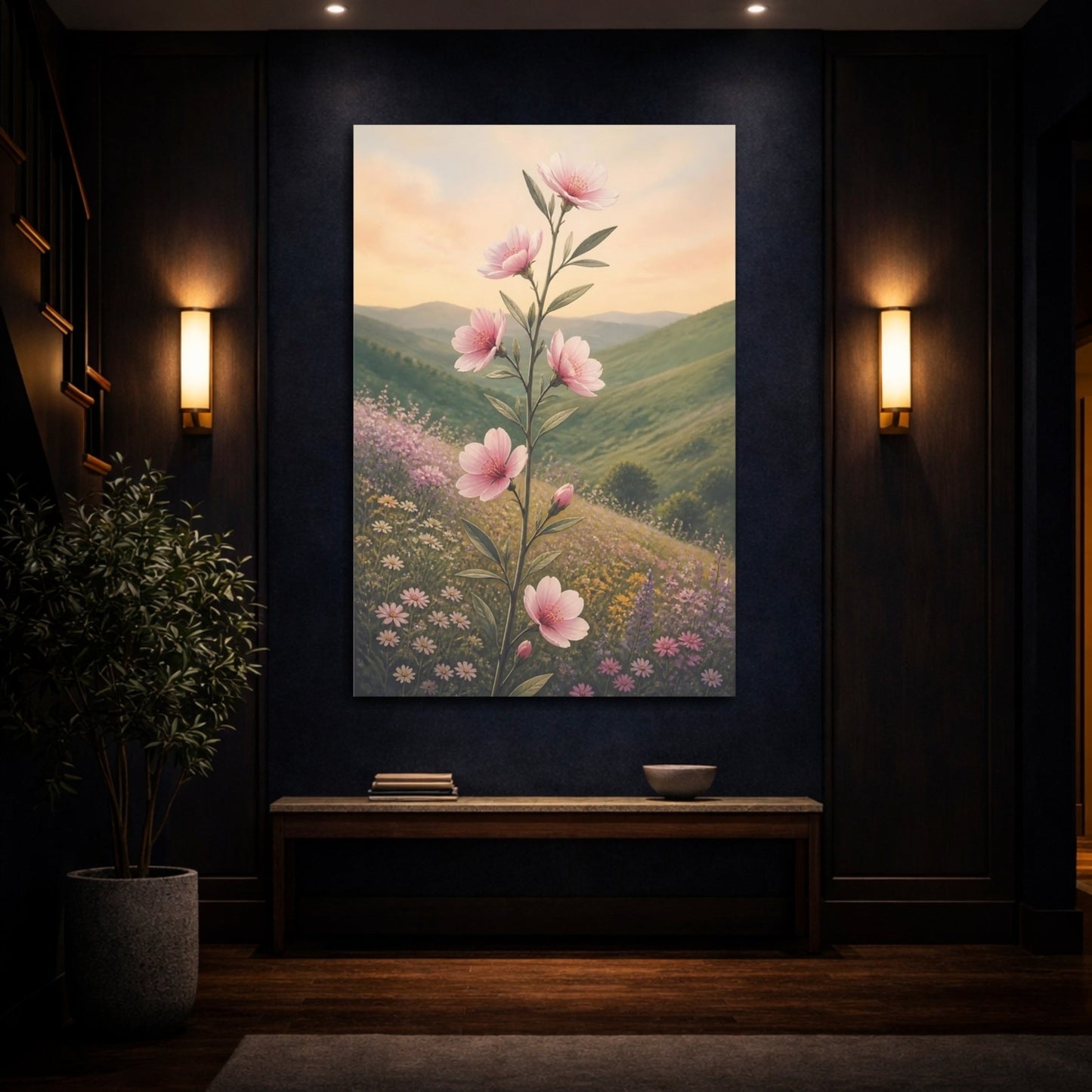Floral Pink Blossoms Green Landscape Canvas Print Wall Art – Painterly Living Room, Above Sofa - YesArtYes