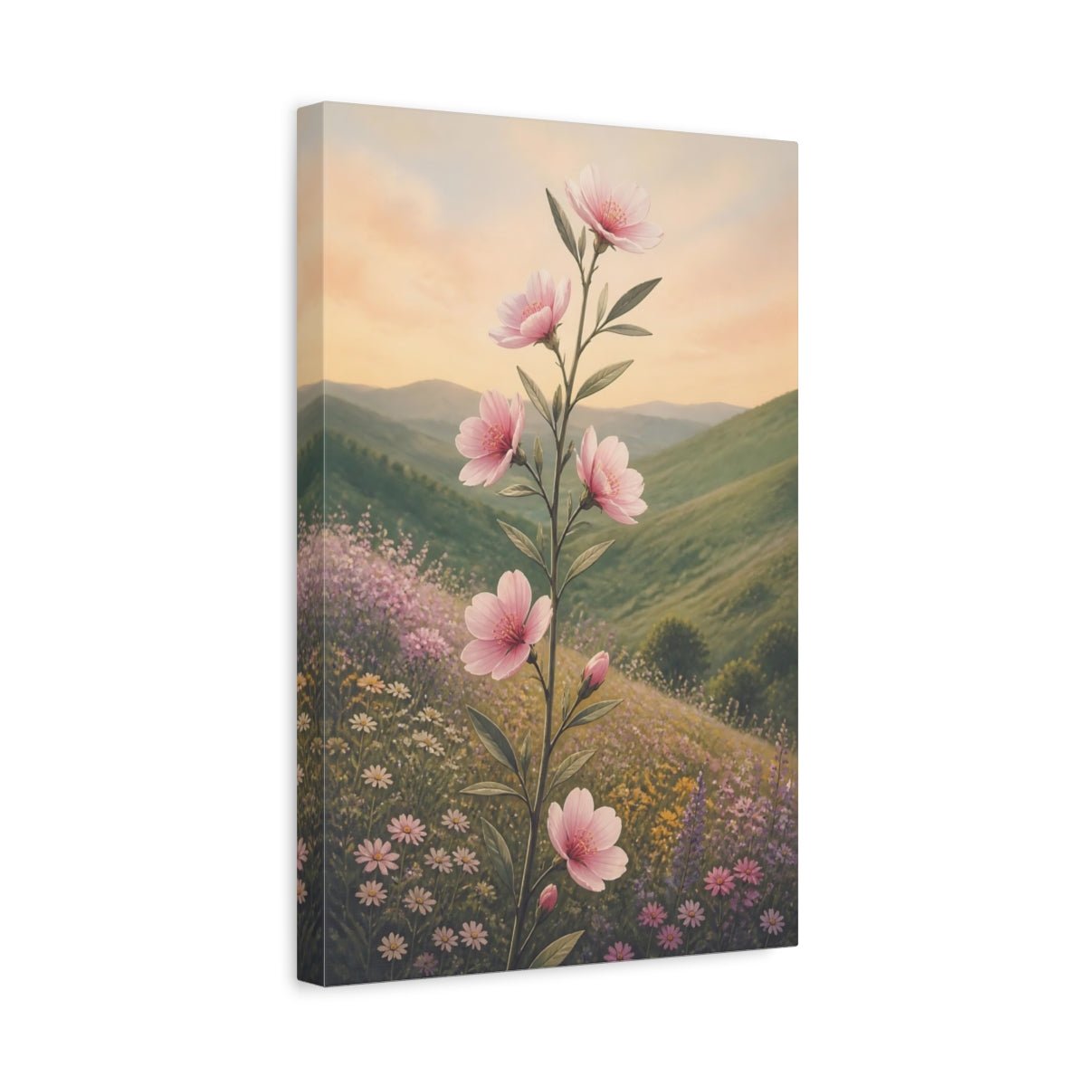 Floral Pink Blossoms Green Landscape Canvas Print Wall Art – Painterly Living Room, Above Sofa - YesArtYes