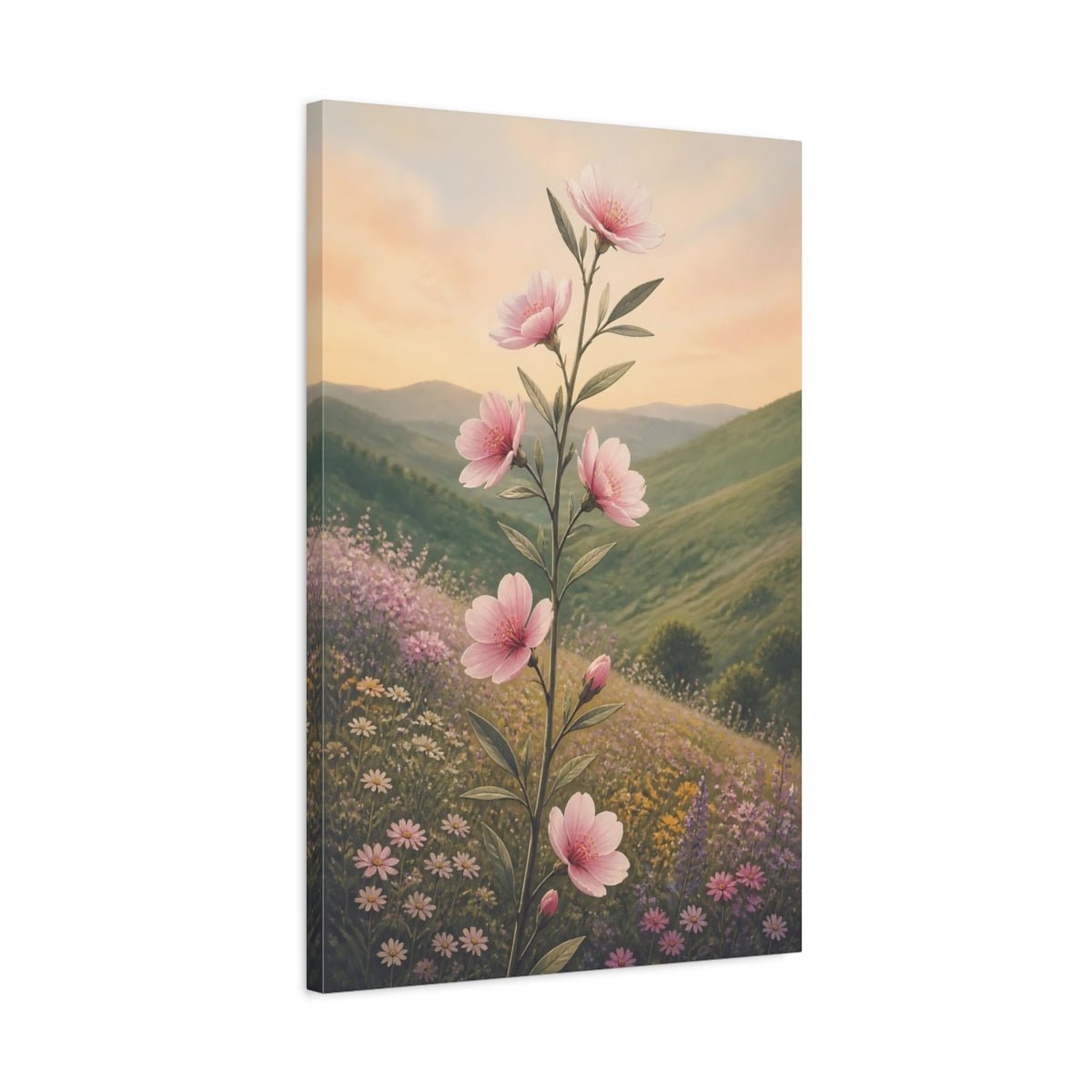 Floral Pink Blossoms Green Landscape Canvas Print Wall Art – Painterly Living Room, Above Sofa - YesArtYes