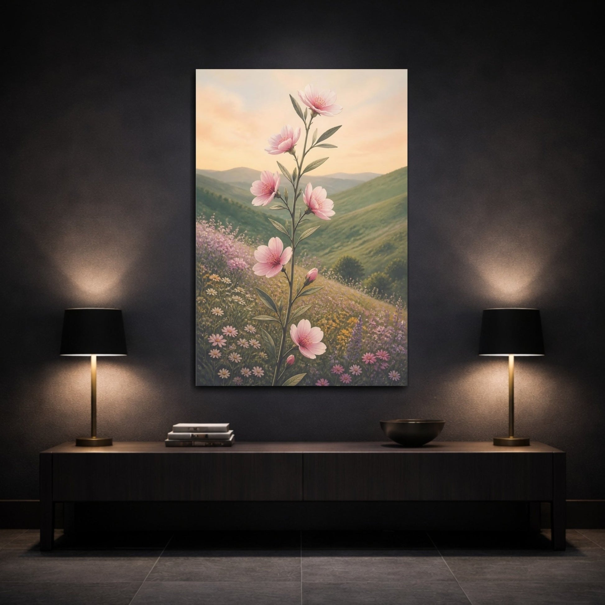 Floral Pink Blossoms Green Landscape Canvas Print Wall Art – Painterly Living Room, Above Sofa - YesArtYes