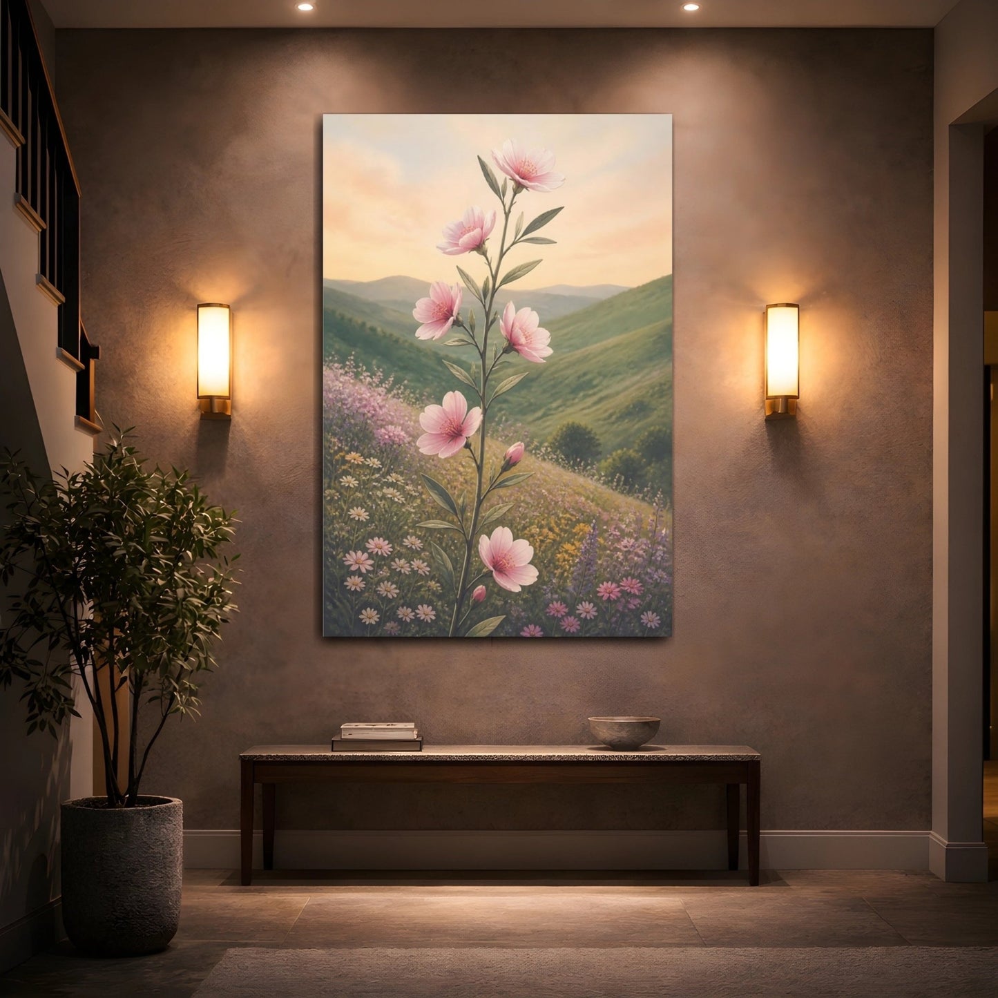 Floral Pink Blossoms Green Landscape Canvas Print Wall Art – Painterly Living Room, Above Sofa - YesArtYes