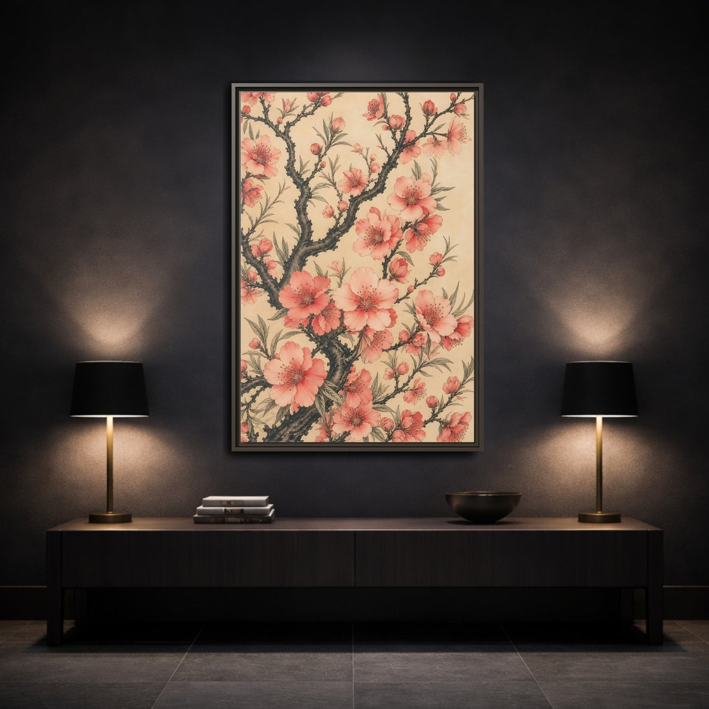 Mockup 3. Floral Pink Blossoms Pink Floral shown as framed canvas print
