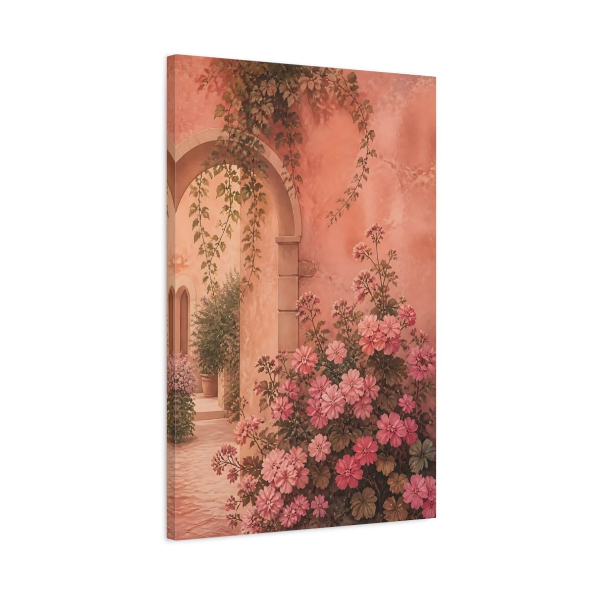 Floral Pink Flowers Courtyard Canvas Print Wall Art – Living Room Decor, Above Couch - YesArtYes