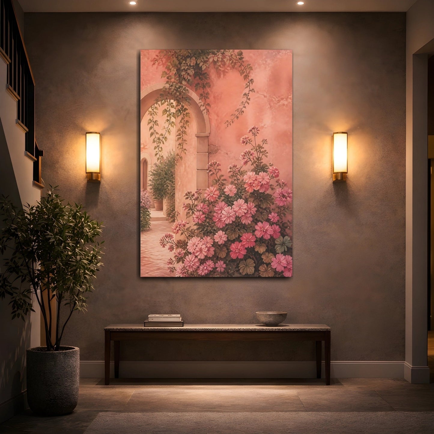 Floral Pink Flowers Courtyard Canvas Print Wall Art – Living Room Decor, Above Couch - YesArtYes