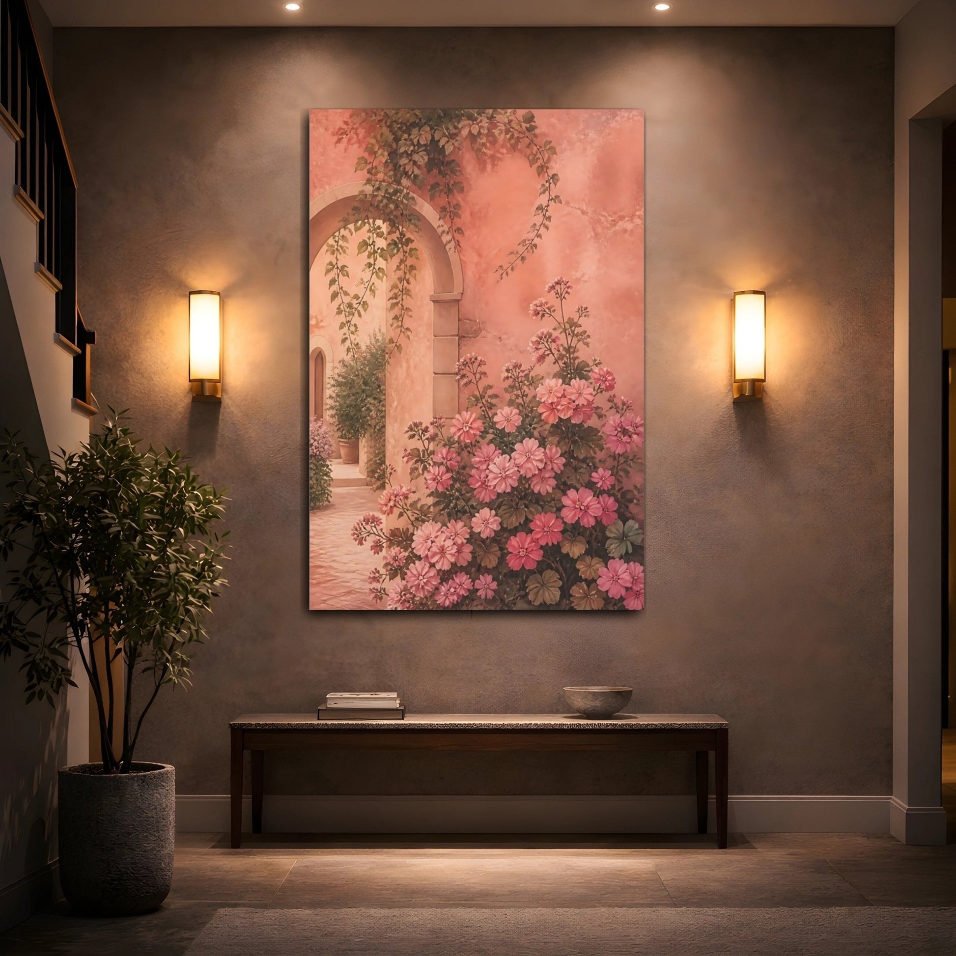 Floral Pink Flowers Courtyard Canvas Print Wall Art – Living Room Decor, Above Couch - YesArtYes