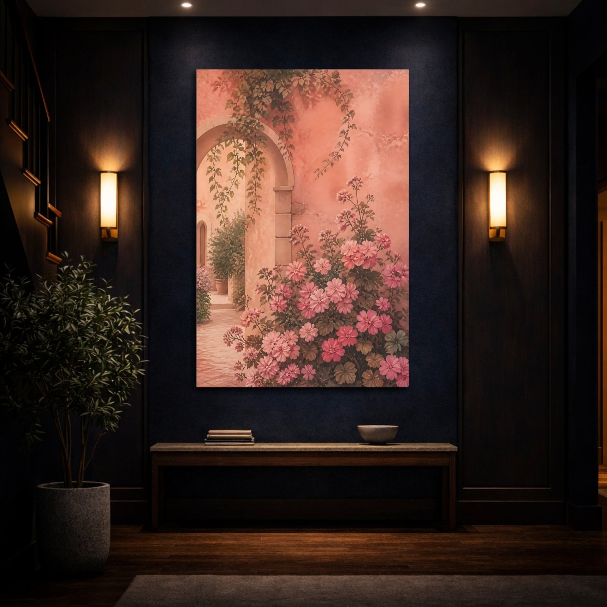 Floral Pink Flowers Courtyard Canvas Print Wall Art – Living Room Decor, Above Couch - YesArtYes