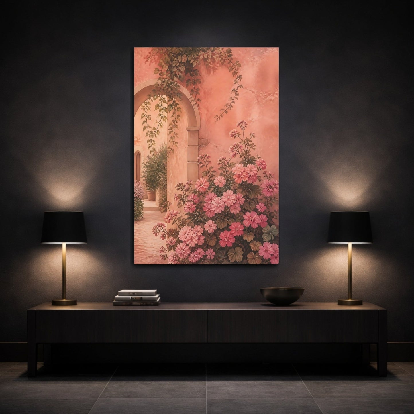 Floral Pink Flowers Courtyard Canvas Print Wall Art – Living Room Decor, Above Couch - YesArtYes