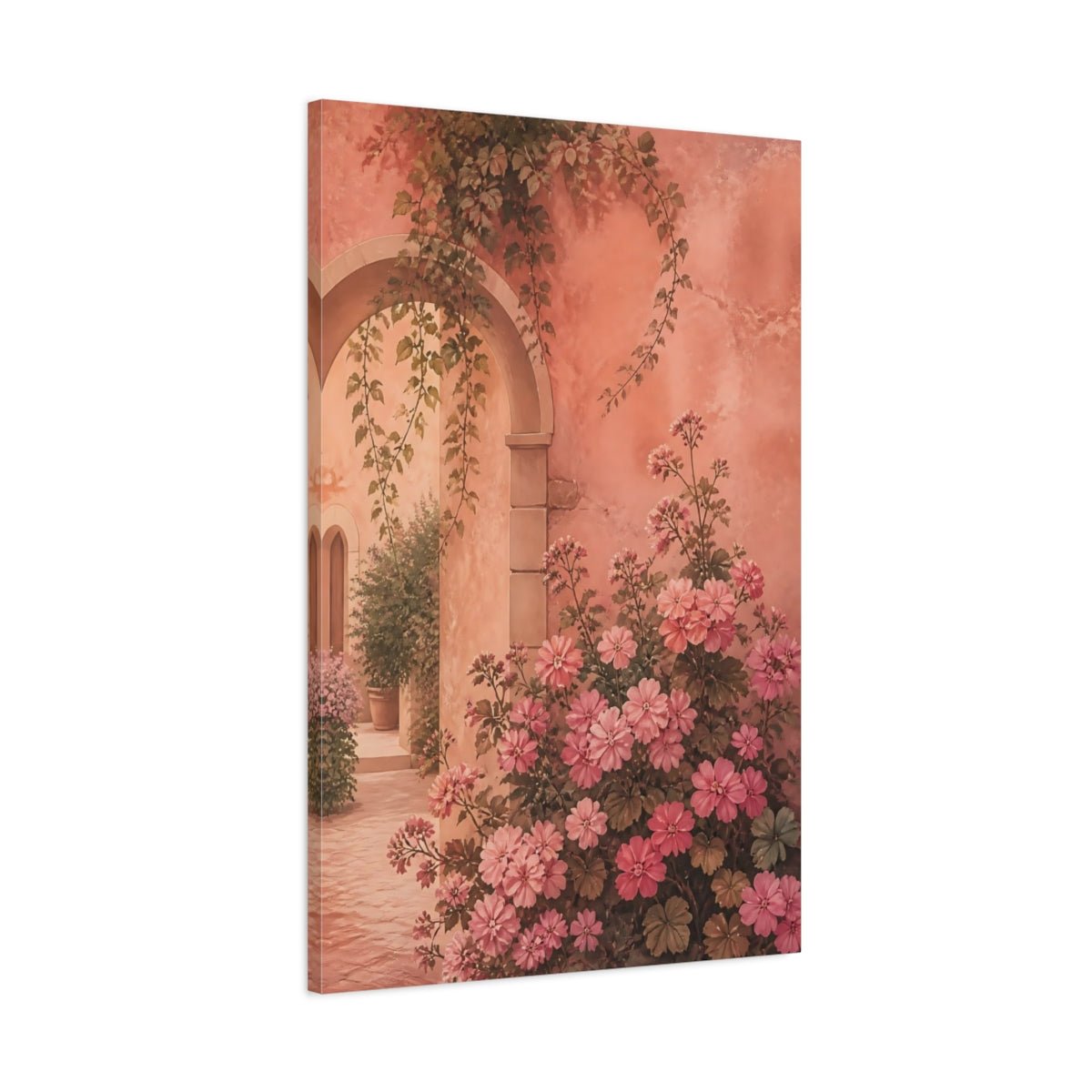 Floral Pink Flowers Courtyard Canvas Print Wall Art – Living Room Decor, Above Couch - YesArtYes