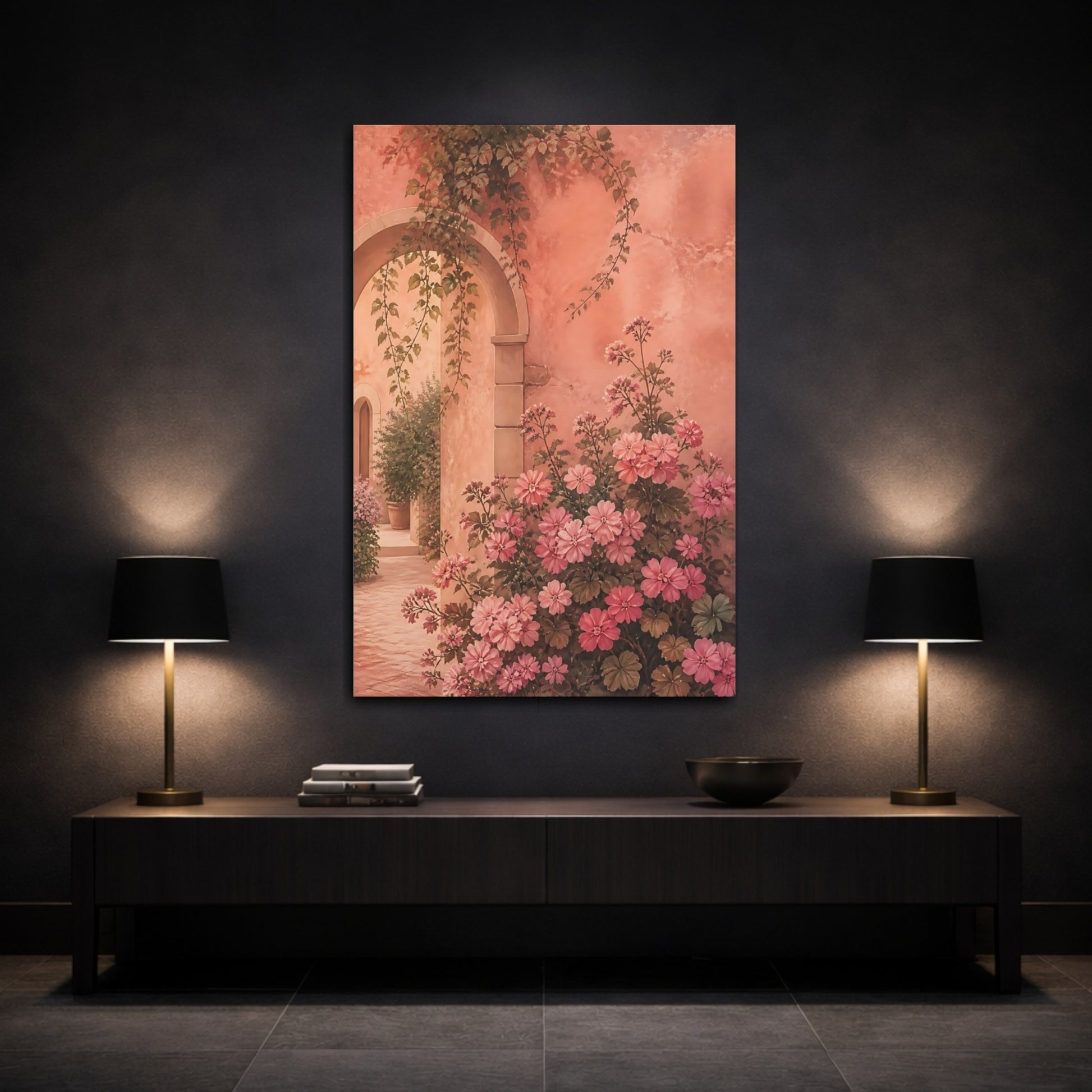 Mockup 3. Floral Pink Flowers Pink Floral Courtyard shown as canvas print