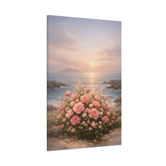 Main Mockup. Floral Pink Flowers Pink Floral Sunset shown as stretched canvas wall art