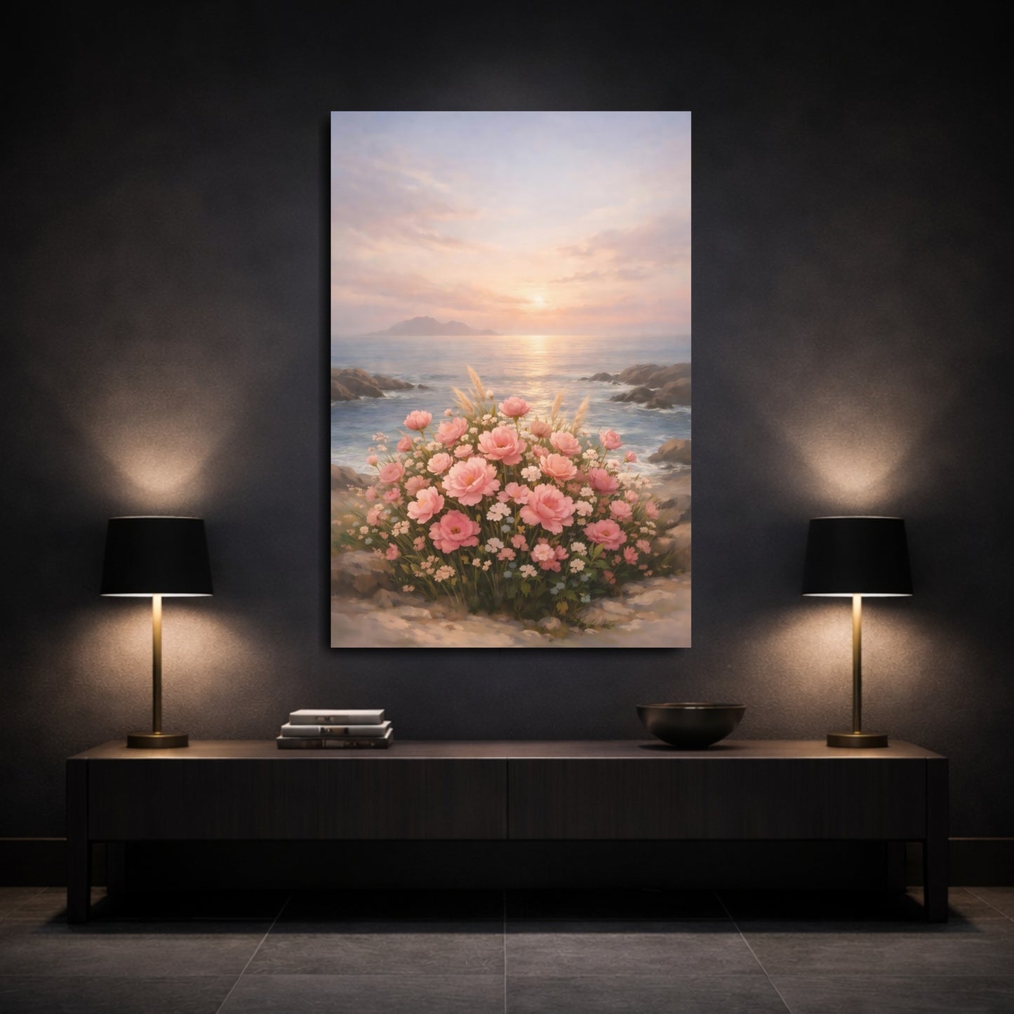 Mockup 2. Floral Pink Flowers Pink Floral Sunset shown as stretched canvas wall art