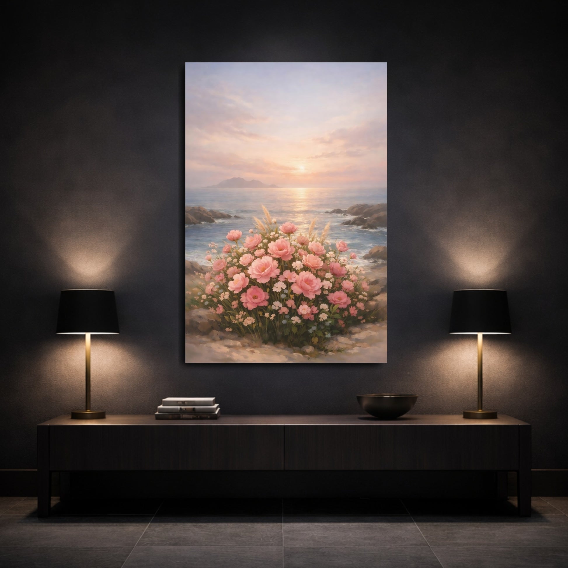 Mockup 2. Floral Pink Flowers Pink Floral Sunset shown as stretched canvas wall art