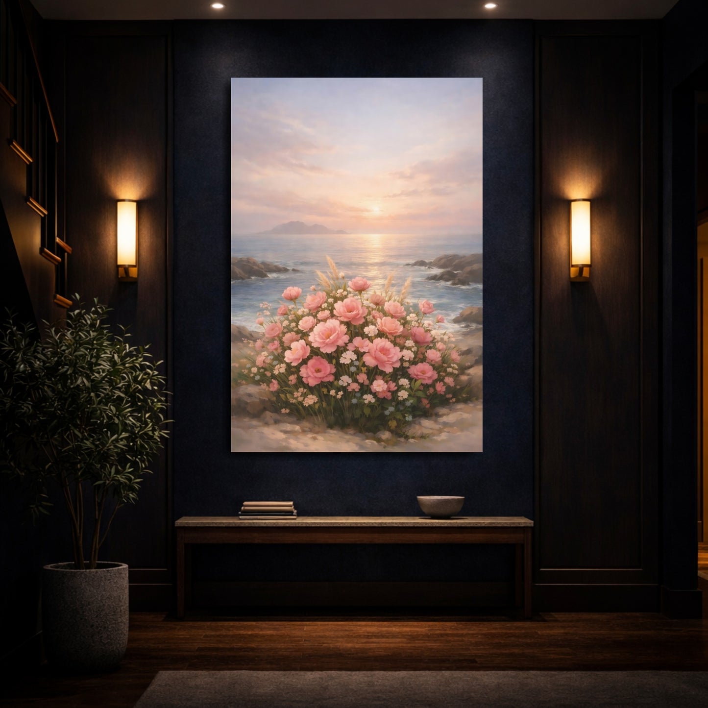 Mockup 3. Floral Pink Flowers Pink Floral Sunset shown as stretched canvas wall art