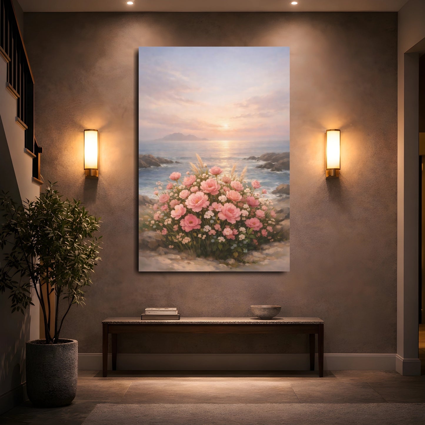 Mockup 4. Floral Pink Flowers Pink Floral Sunset shown as stretched canvas wall art