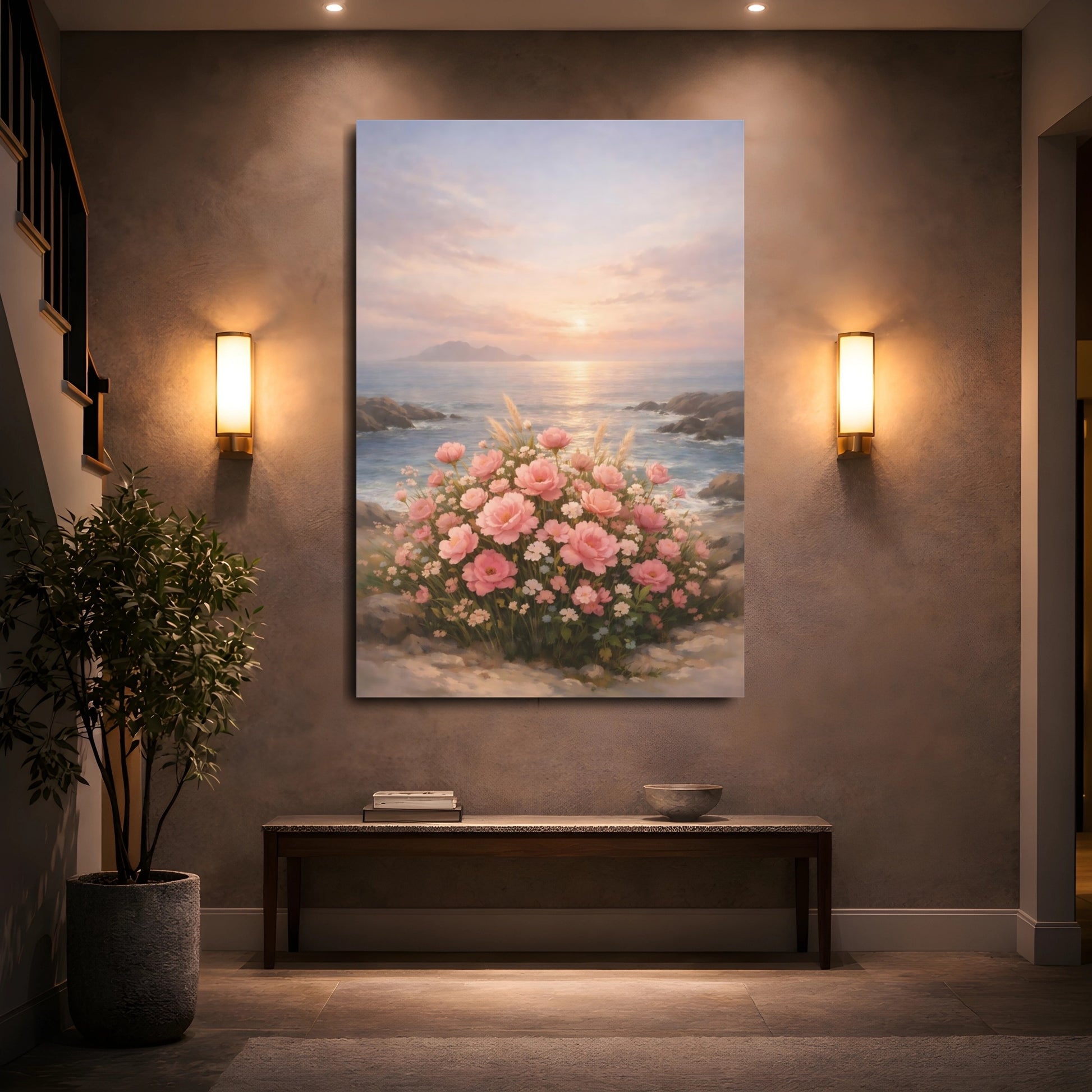 Mockup 4. Floral Pink Flowers Pink Floral Sunset shown as stretched canvas wall art