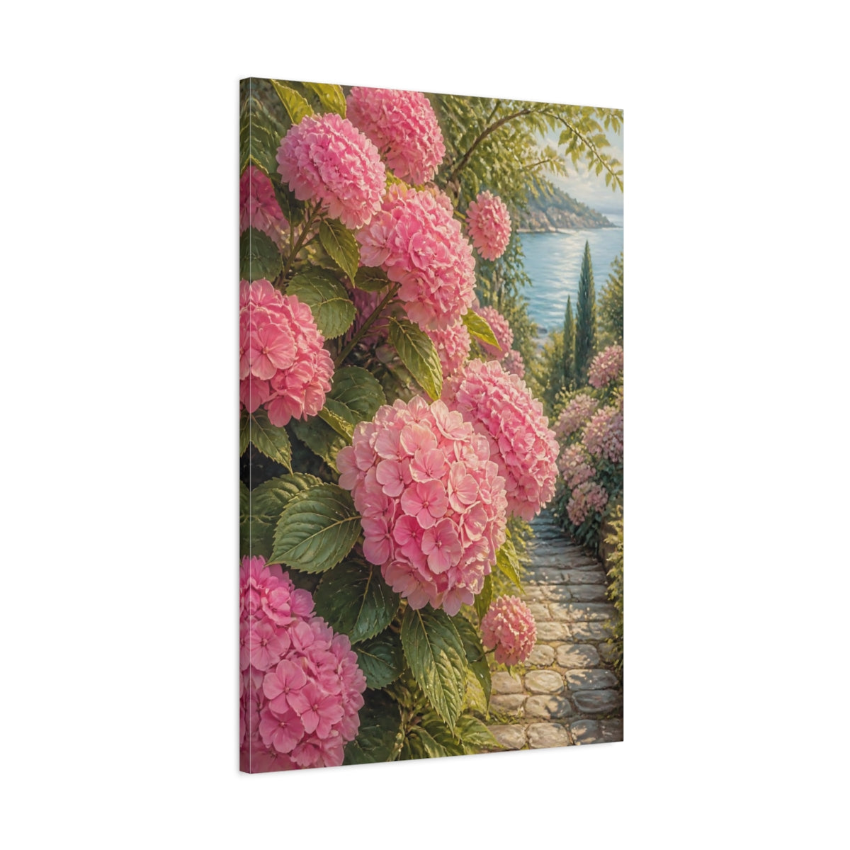 Main Mockup. Floral Pink Hydrangeas Pink Floral Seascape shown as stretched canvas wall art