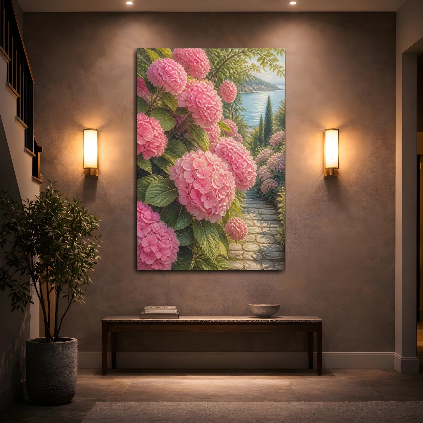 Mockup 2. Floral Pink Hydrangeas Pink Floral Seascape shown as stretched canvas wall art