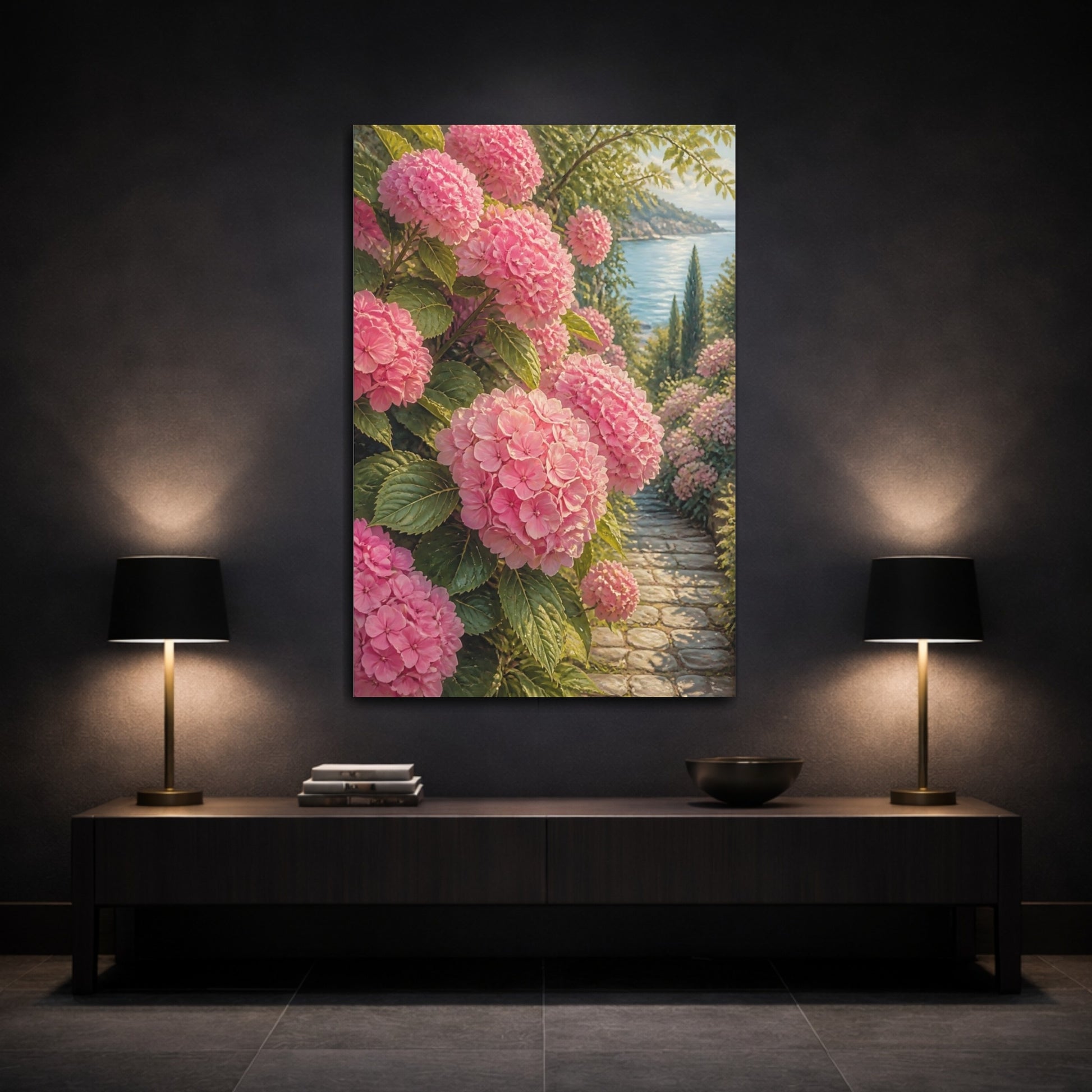Mockup 3. Floral Pink Hydrangeas Pink Floral Seascape shown as stretched canvas wall art