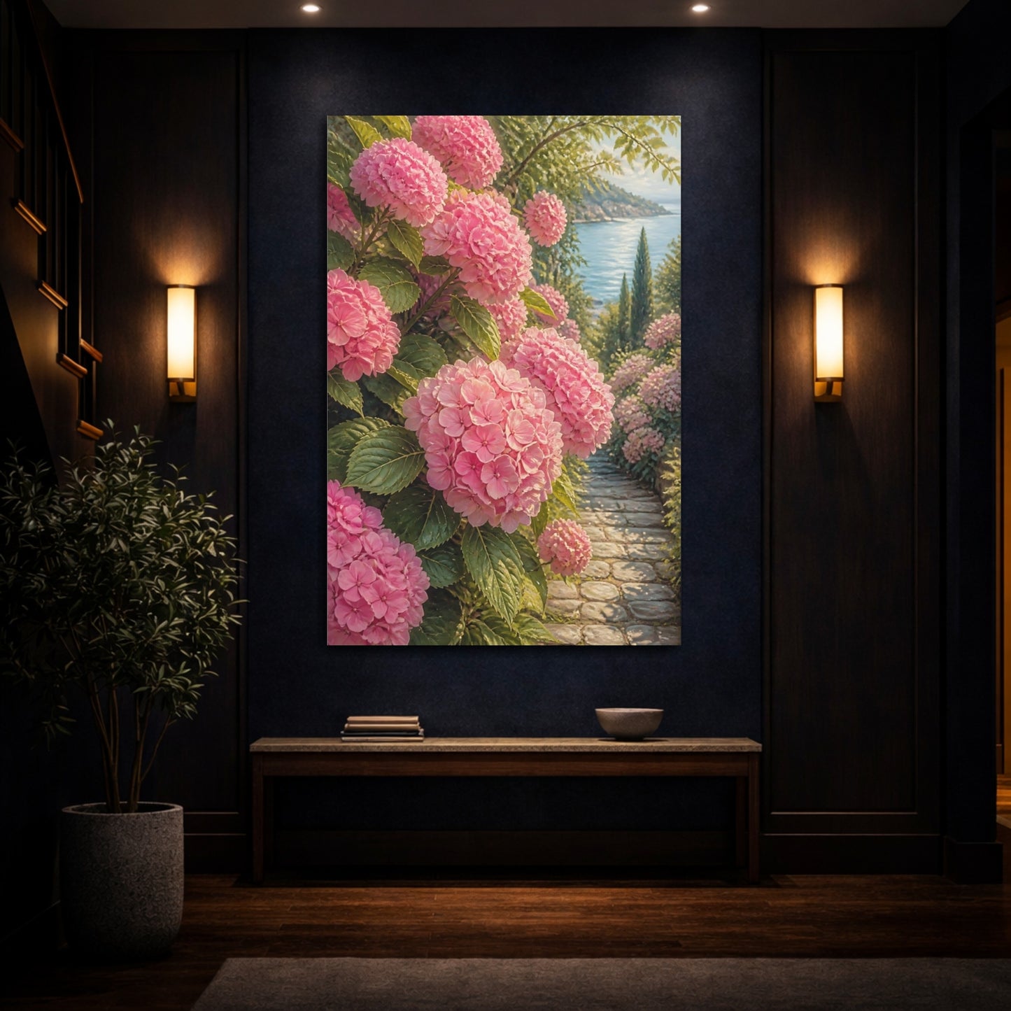 Mockup 4. Floral Pink Hydrangeas Pink Floral Seascape shown as stretched canvas wall art