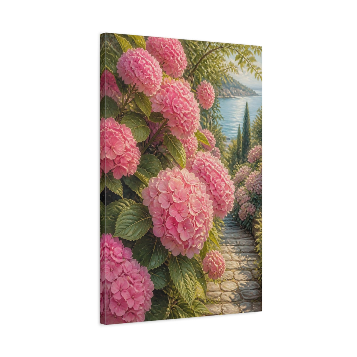 Side Mockup 2. Floral Pink Hydrangeas Pink Floral Seascape shown as stretched canvas wall art