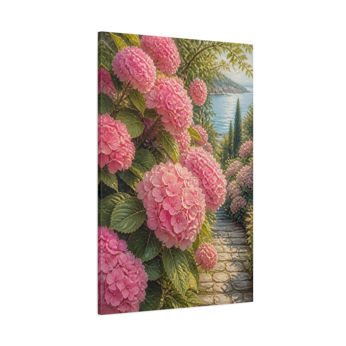 Side Mockup 1. Floral Pink Hydrangeas Pink Floral Seascape shown as stretched canvas wall art