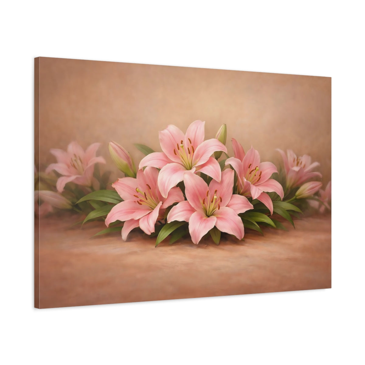 Side Mockup 1. Floral Pink Lilies Pink And Brown shown as stretched canvas wall art
