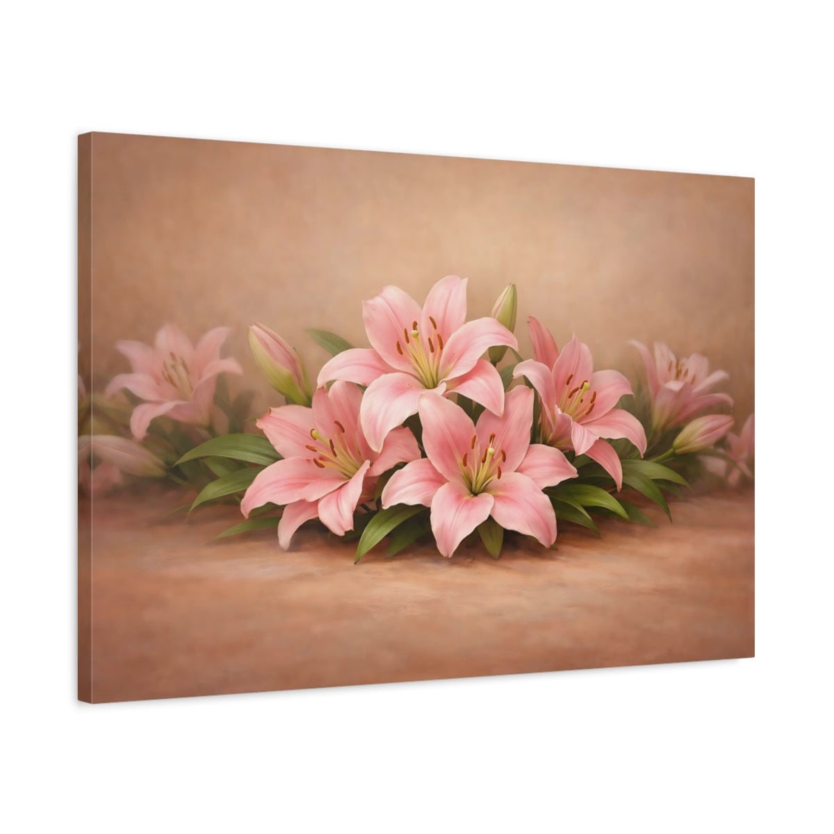 Side Mockup 2. Floral Pink Lilies Pink And Brown shown as stretched canvas wall art
