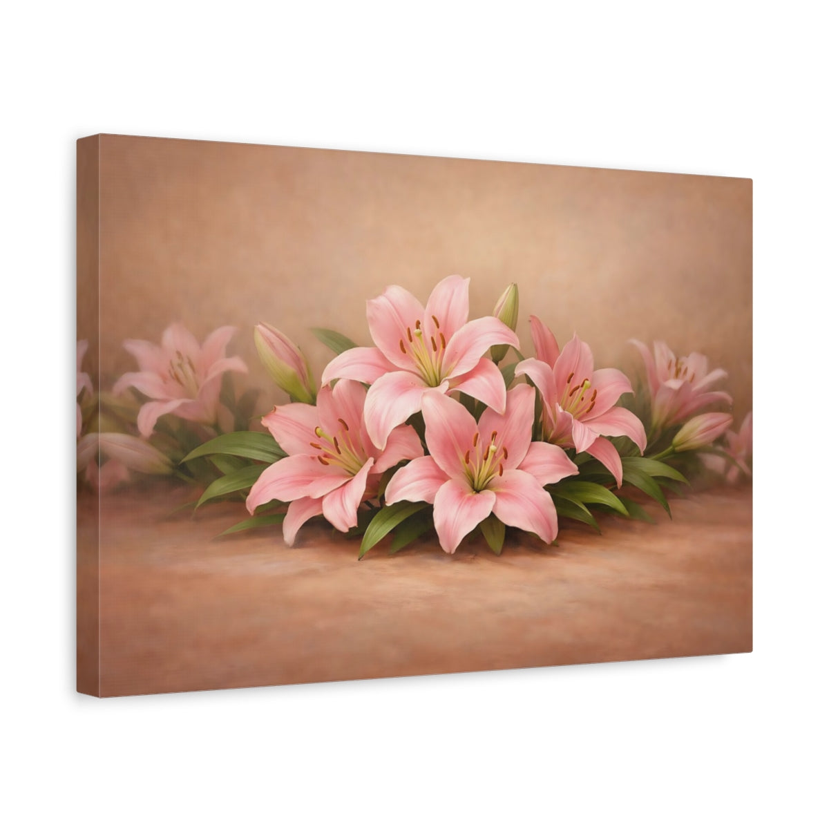 Side Mockup 4. Floral Pink Lilies Pink And Brown shown as stretched canvas wall art