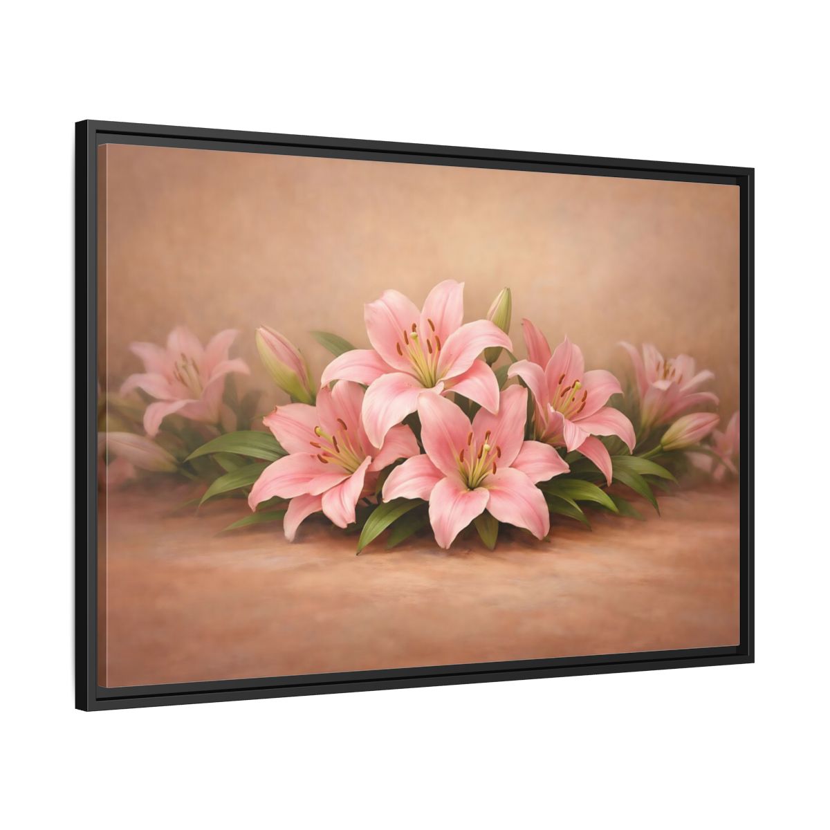 Side Mockup 13. Floral Pink Lilies Pink Lilies shown as stretched canvas wall art