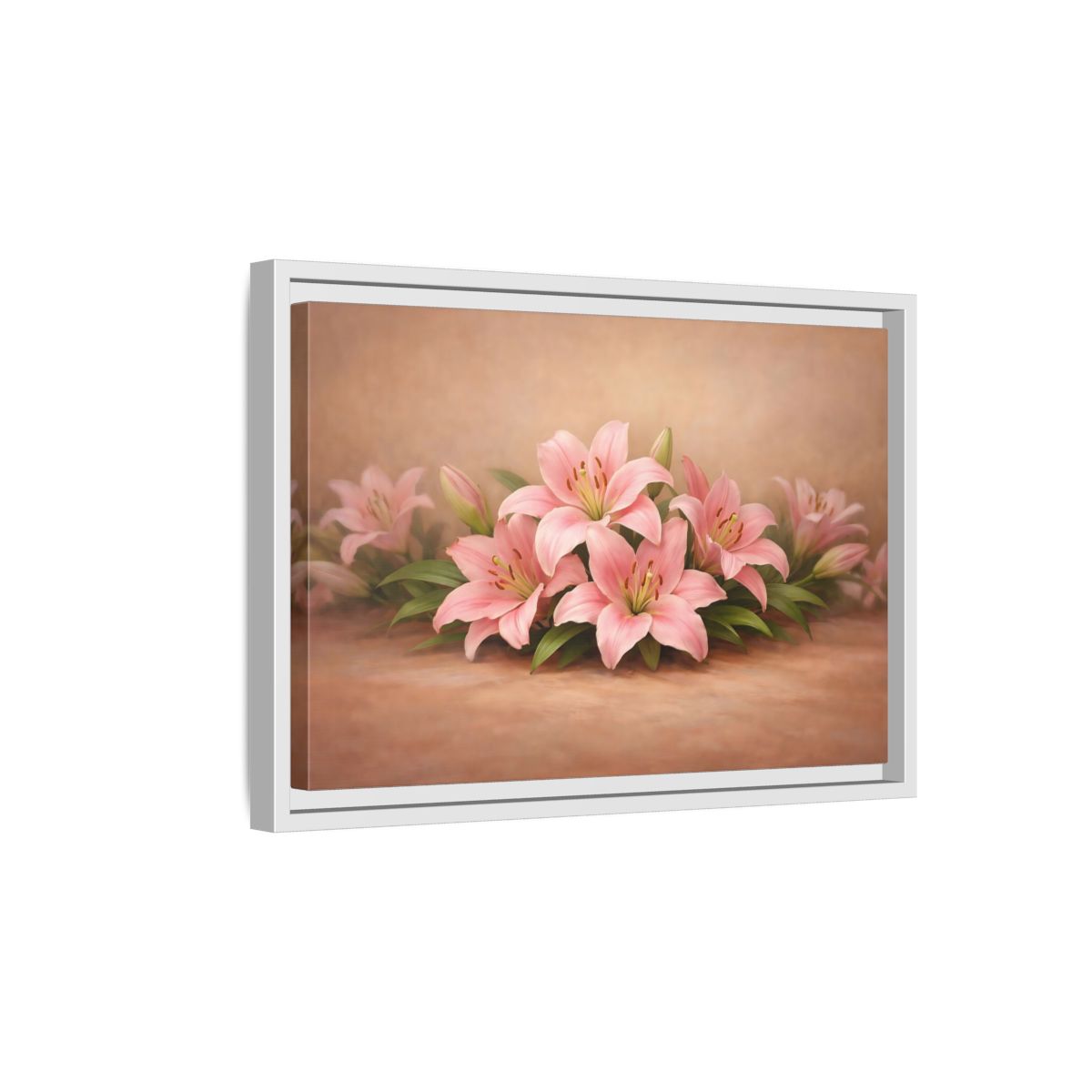 Side Mockup 4. Floral Pink Lilies Pink Lilies shown as stretched canvas wall art